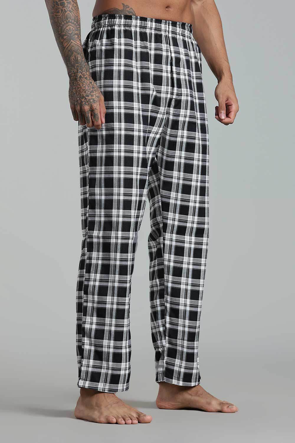 Enhance Men’s Cotton Blend Night Pants – Checked Pyjamas with Drawstring Waist & Side Pockets - Black - NP01 - Naidu Hall Family Store
