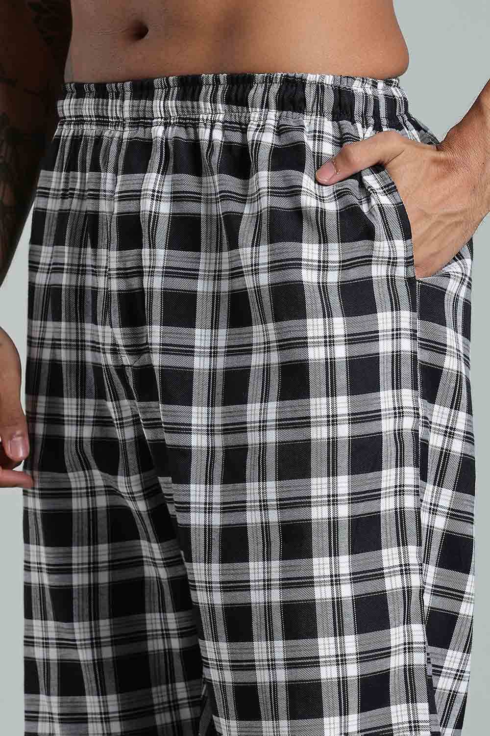 Enhance Men’s Cotton Blend Night Pants – Checked Pyjamas with Drawstring Waist & Side Pockets - Black - NP01 - Naidu Hall Family Store