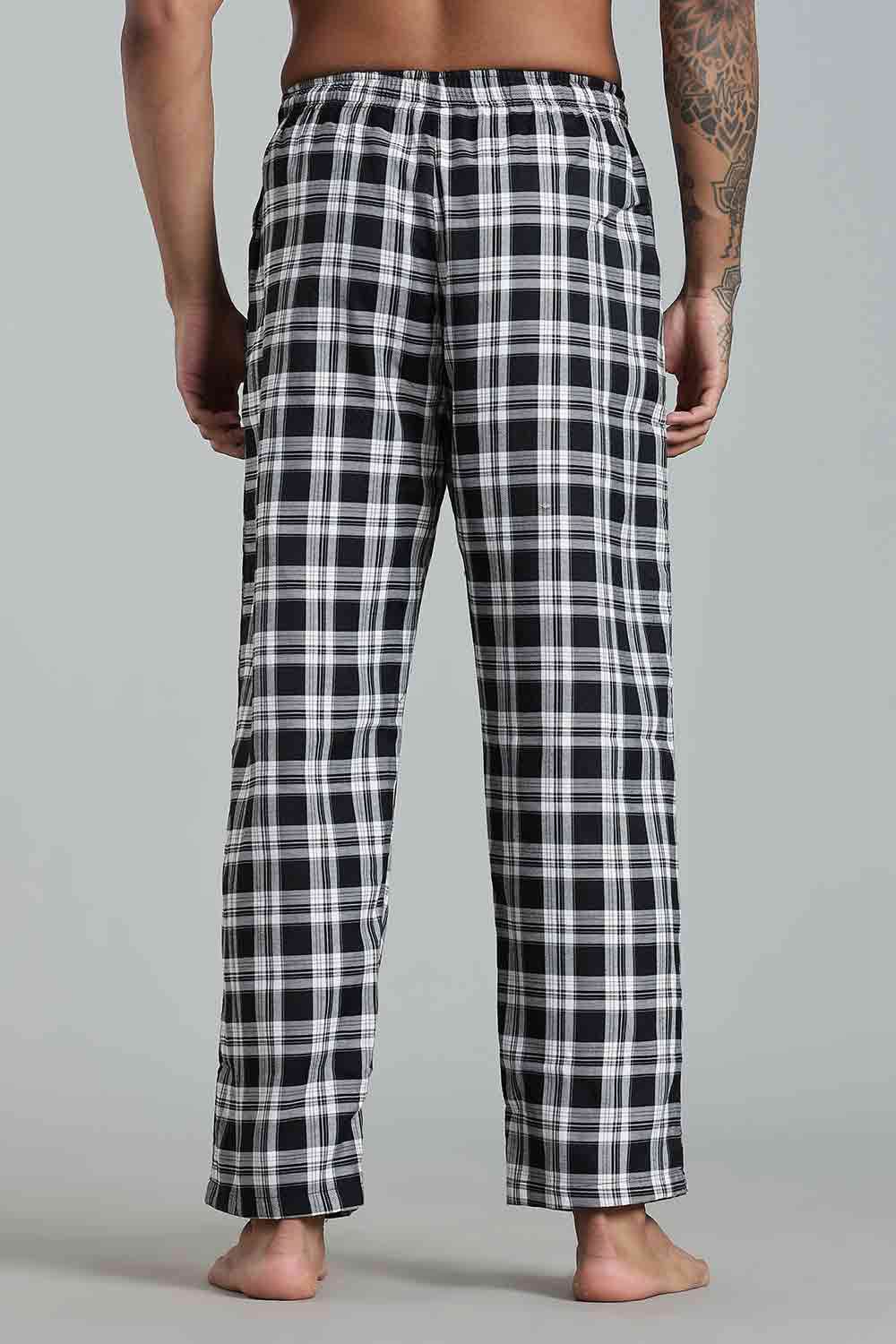 Enhance Men’s Cotton Blend Night Pants – Checked Pyjamas with Drawstring Waist & Side Pockets - Black - NP01 - Naidu Hall Family Store