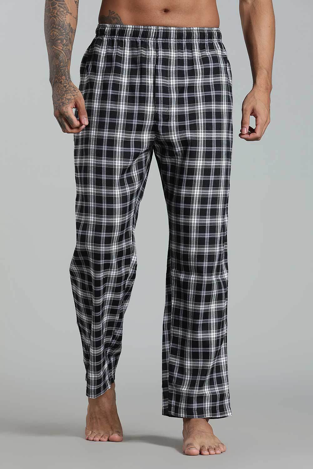 Enhance Men’s Cotton Blend Night Pants – Checked Pyjamas with Drawstring Waist & Side Pockets - Black White - NP01 - Naidu Hall Family Store