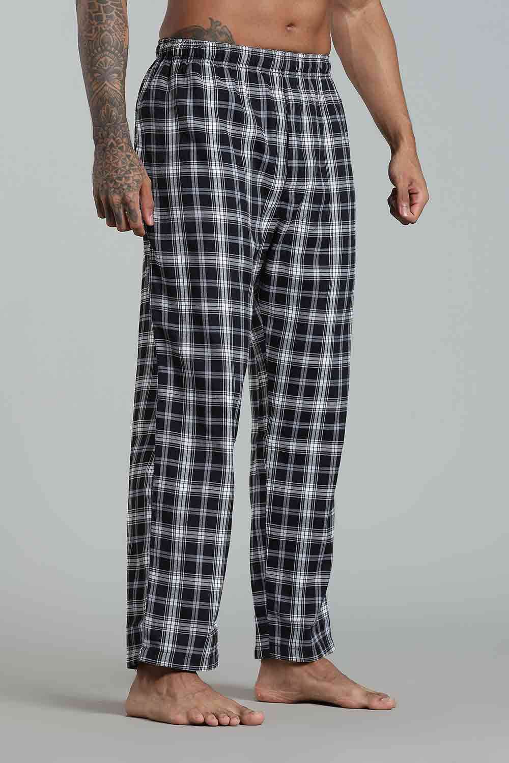 Enhance Men’s Cotton Blend Night Pants – Checked Pyjamas with Drawstring Waist & Side Pockets - Black White - NP01 - Naidu Hall Family Store