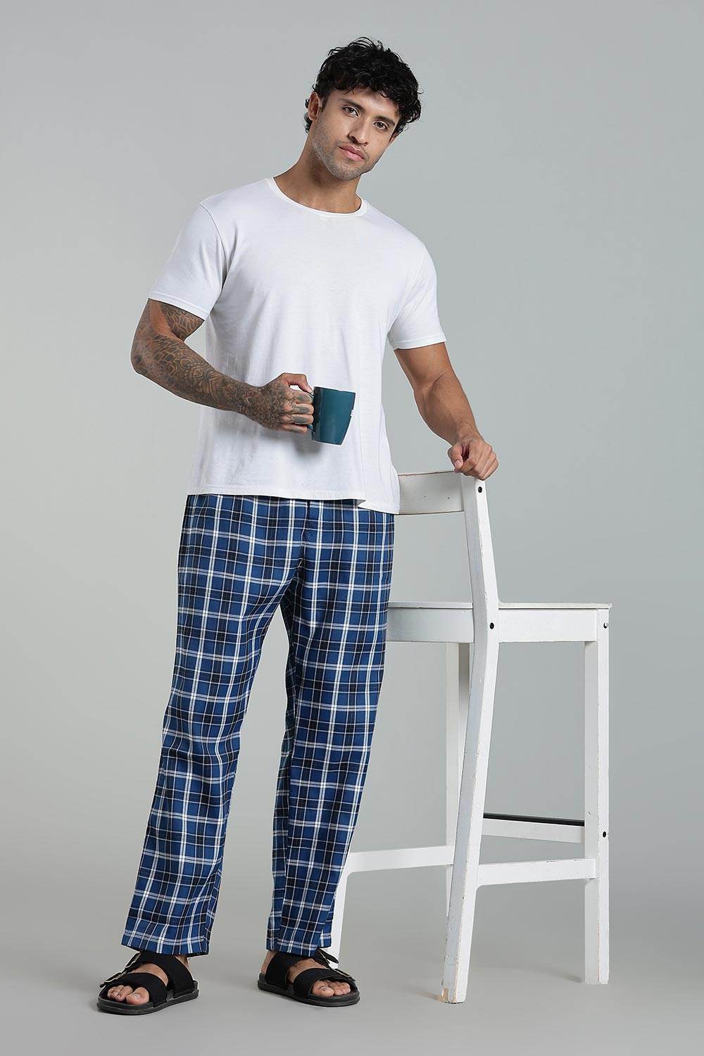 Enhance Men’s Cotton Blend Night Pants – Checked Pyjamas with Drawstring Waist & Side Pockets - Blue - NP01 - Naidu Hall Family Store