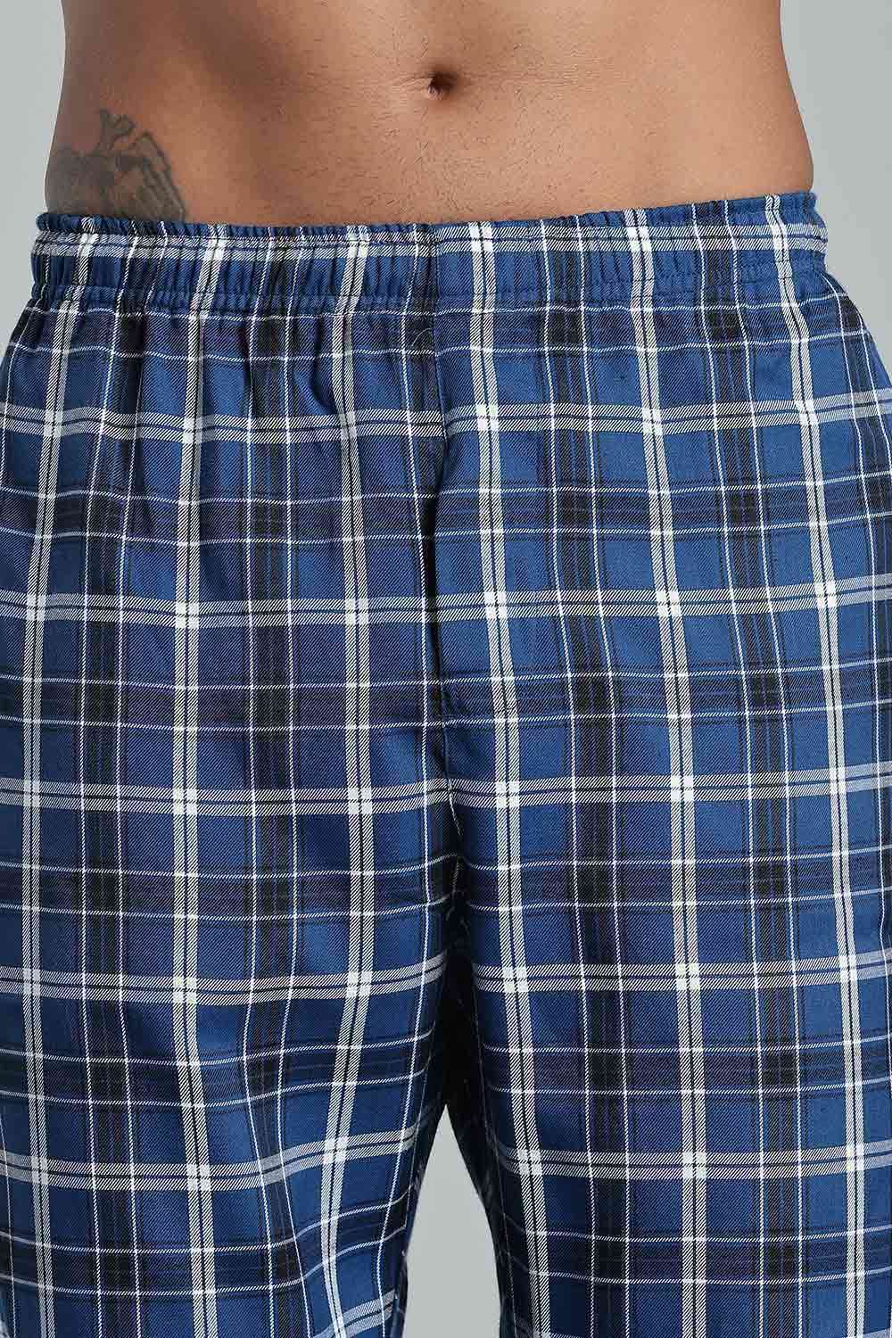 Enhance Men’s Cotton Blend Night Pants – Checked Pyjamas with Drawstring Waist & Side Pockets - Blue - NP01 - Naidu Hall Family Store