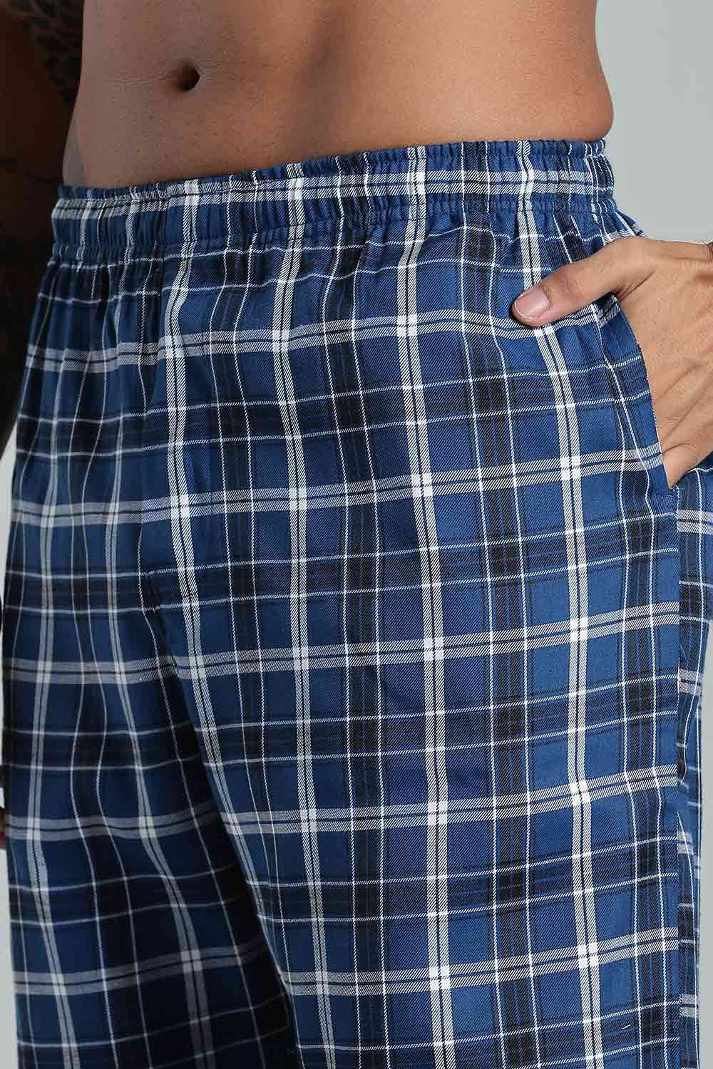 Enhance Men’s Cotton Blend Night Pants – Checked Pyjamas with Drawstring Waist & Side Pockets - Blue - NP01 - Naidu Hall Family Store