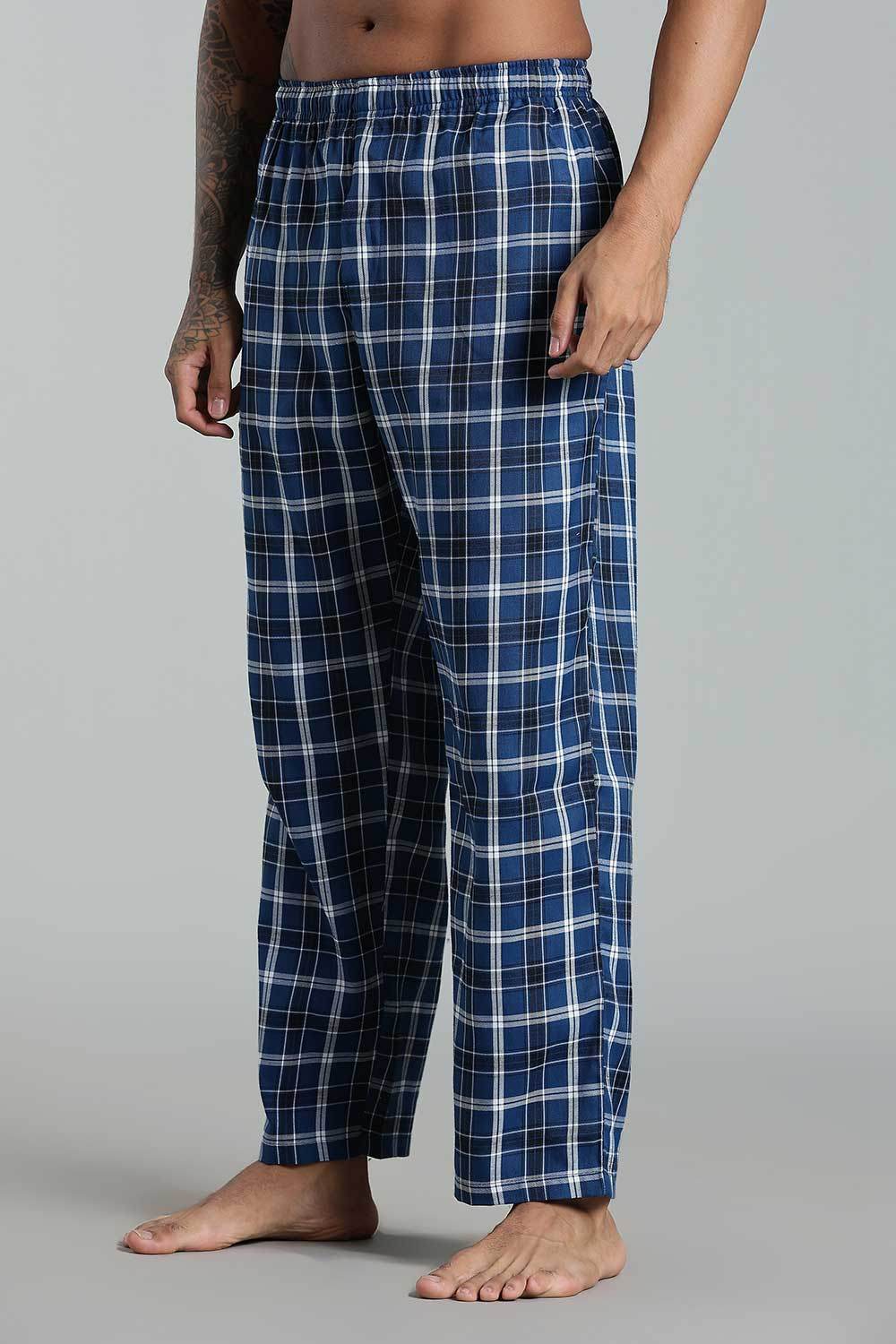 Enhance Men’s Cotton Blend Night Pants – Checked Pyjamas with Drawstring Waist & Side Pockets - Blue - NP01 - Naidu Hall Family Store