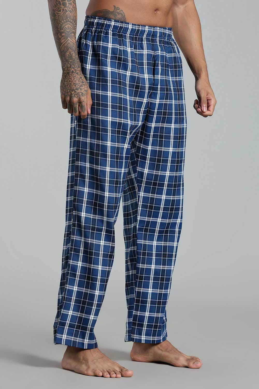 Enhance Men’s Cotton Blend Night Pants – Checked Pyjamas with Drawstring Waist & Side Pockets - Blue - NP01 - Naidu Hall Family Store