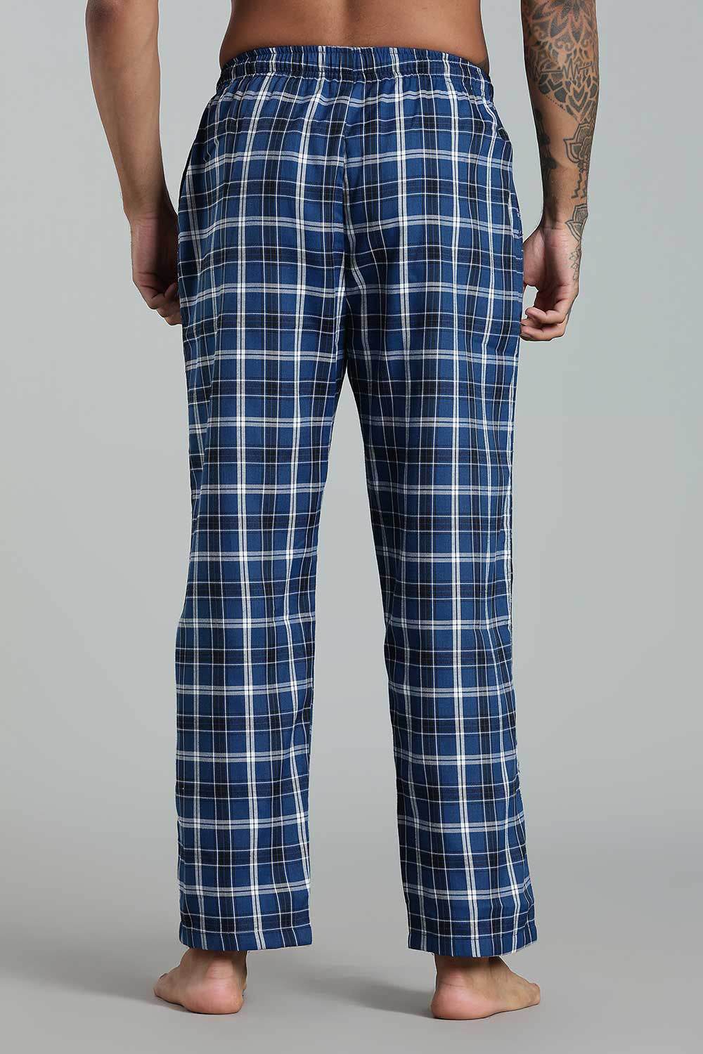 Enhance Men’s Cotton Blend Night Pants – Checked Pyjamas with Drawstring Waist & Side Pockets - Blue - NP01 - Naidu Hall Family Store