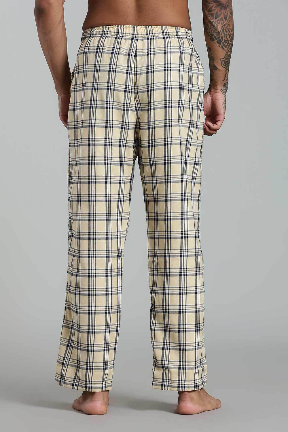 Enhance Men’s Cotton Blend Night Pants – Checked Pyjamas with Drawstring Waist & Side Pockets - Light Beige - NP01 - Naidu Hall Family Store