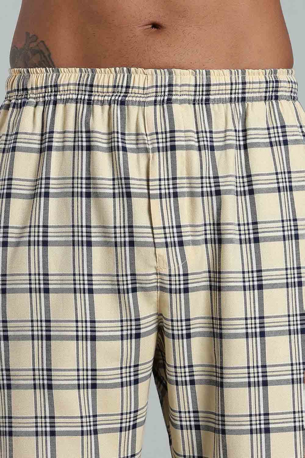 Enhance Men’s Cotton Blend Night Pants – Checked Pyjamas with Drawstring Waist & Side Pockets - Light Beige - NP01 - Naidu Hall Family Store