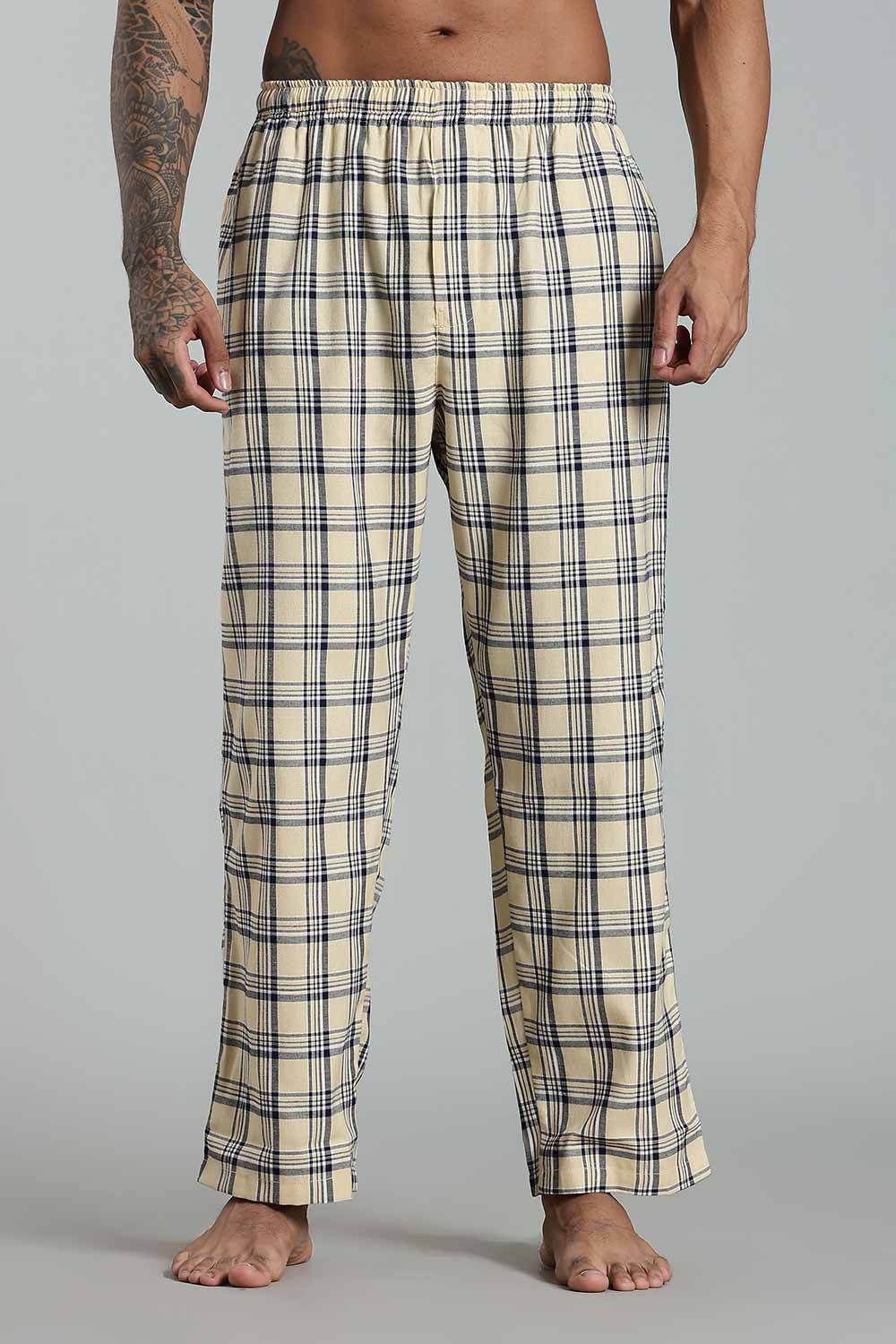 Enhance Men’s Cotton Blend Night Pants – Checked Pyjamas with Drawstring Waist & Side Pockets - Light Beige - NP01 - Naidu Hall Family Store