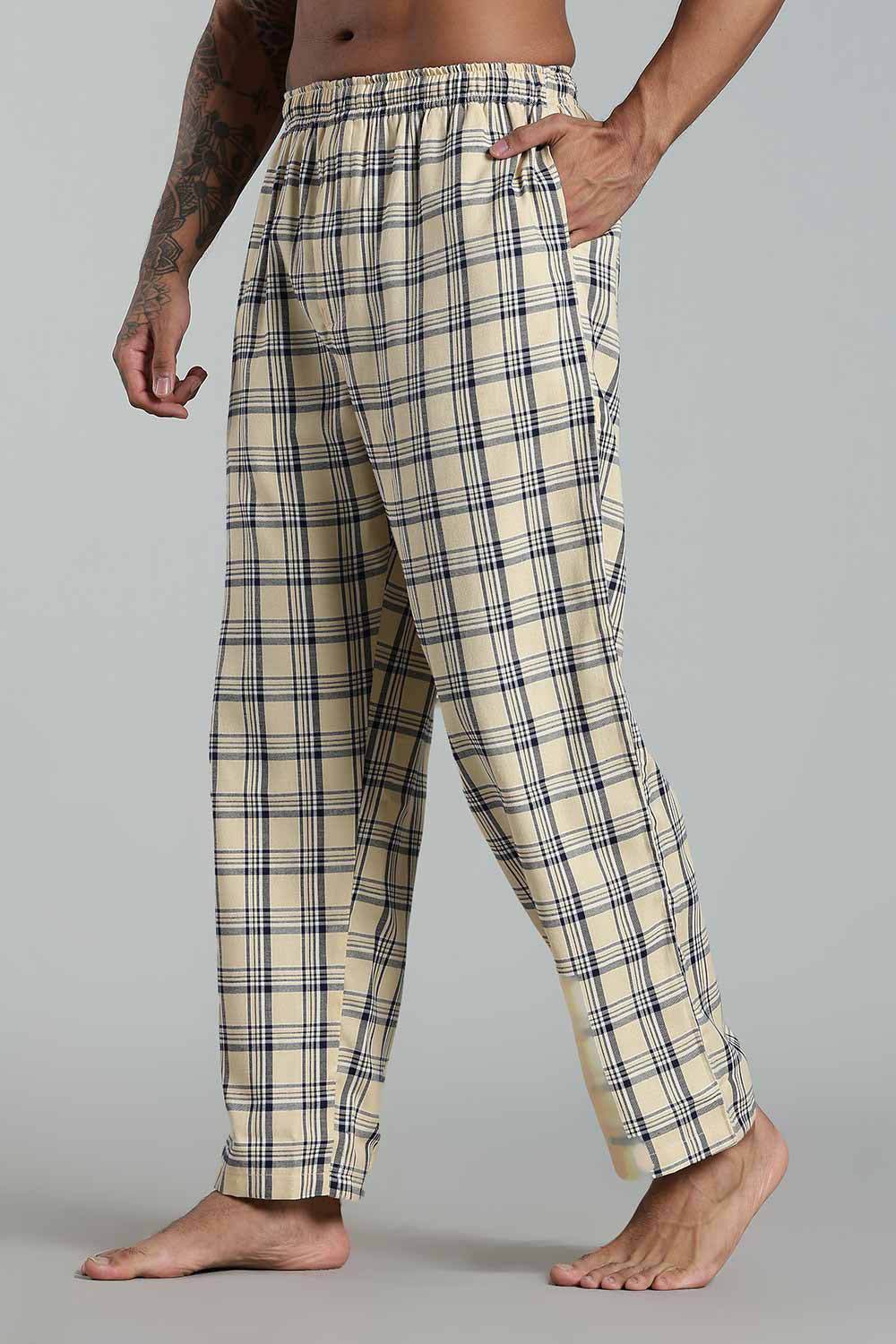 Enhance Men’s Cotton Blend Night Pants – Checked Pyjamas with Drawstring Waist & Side Pockets - Light Beige - NP01 - Naidu Hall Family Store