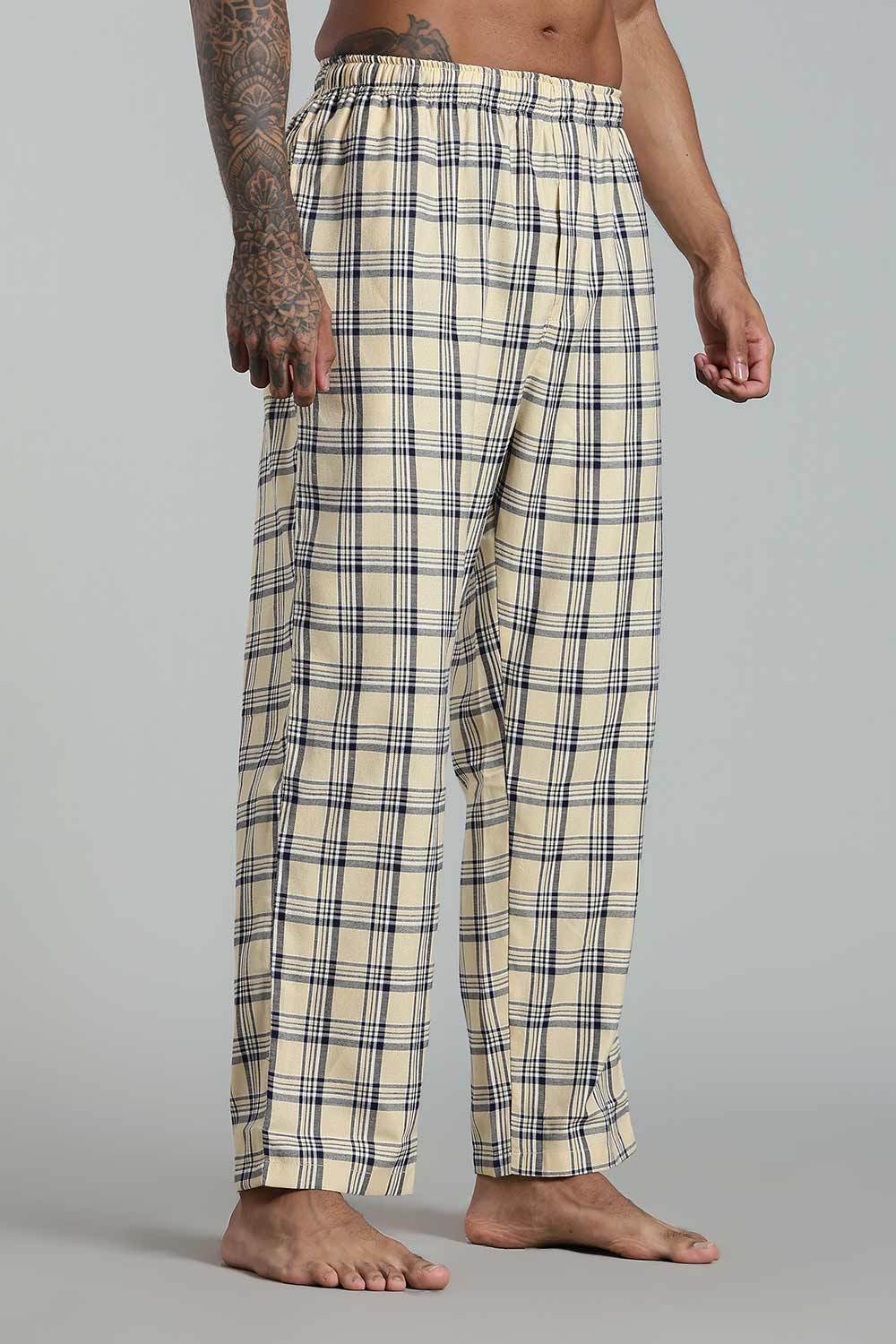 Enhance Men’s Cotton Blend Night Pants – Checked Pyjamas with Drawstring Waist & Side Pockets - Light Beige - NP01 - Naidu Hall Family Store