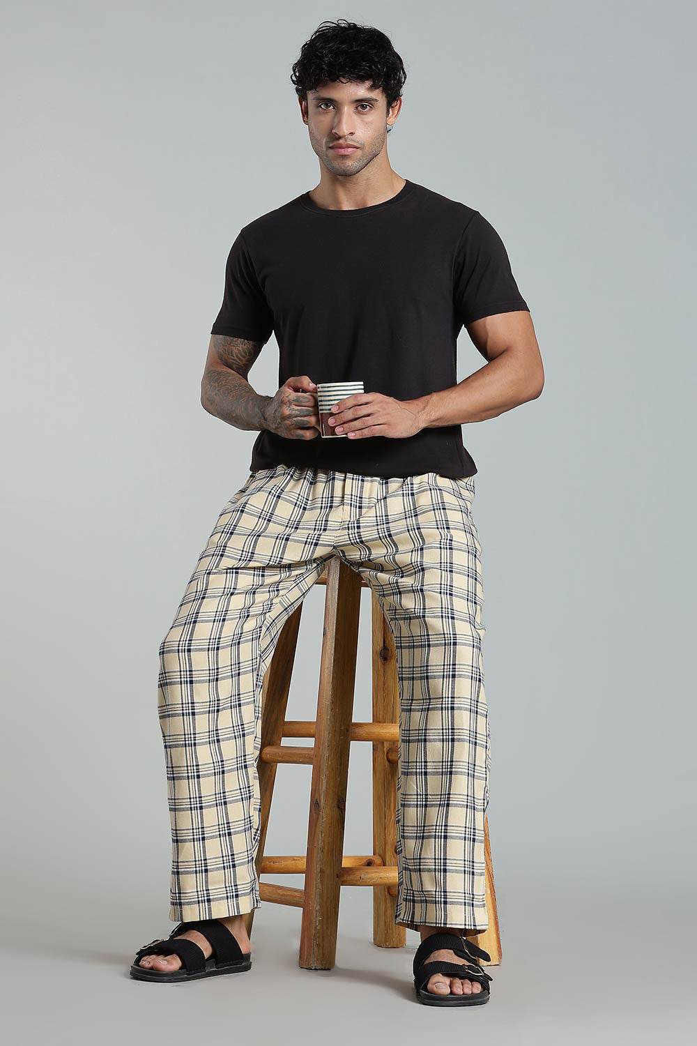Enhance Men’s Cotton Blend Night Pants – Checked Pyjamas with Drawstring Waist & Side Pockets - Light Beige - NP01 - Naidu Hall Family Store