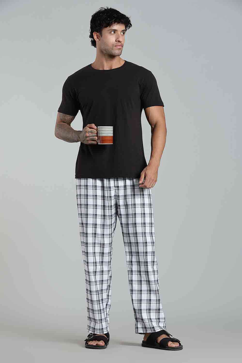 Enhance Men’s Cotton Blend Night Pants – Checked Pyjamas with Drawstring Waist & Side Pockets - White Green Print - NP01 - Naidu Hall Family Store