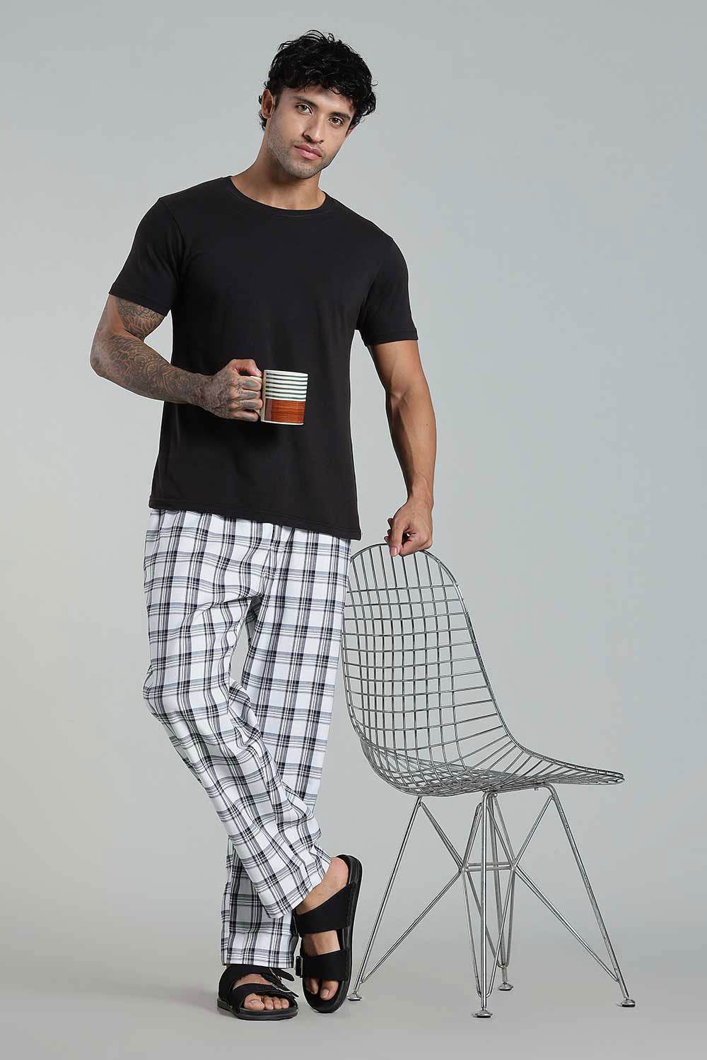 Enhance Men’s Cotton Blend Night Pants – Checked Pyjamas with Drawstring Waist & Side Pockets - White Green Print - NP01 - Naidu Hall Family Store