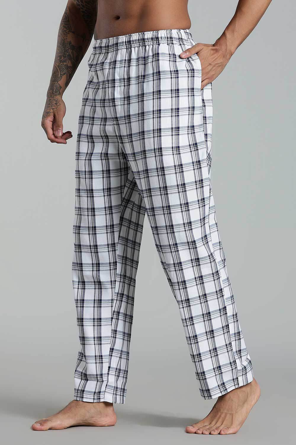 Enhance Men’s Cotton Blend Night Pants – Checked Pyjamas with Drawstring Waist & Side Pockets - White Green Print - NP01 - Naidu Hall Family Store
