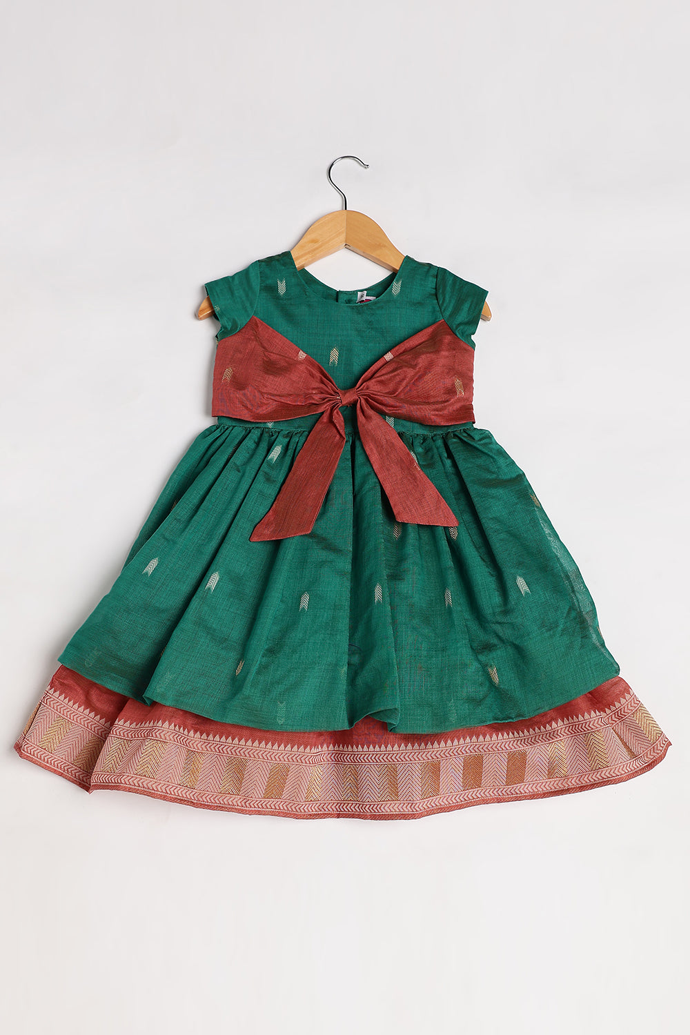 Chittythalli Girls’ Ethnic Chanderi Balloon Skirt Frock with Bow Knot and Gold Button Details | Traditional Festive Dress for Girls - FR44