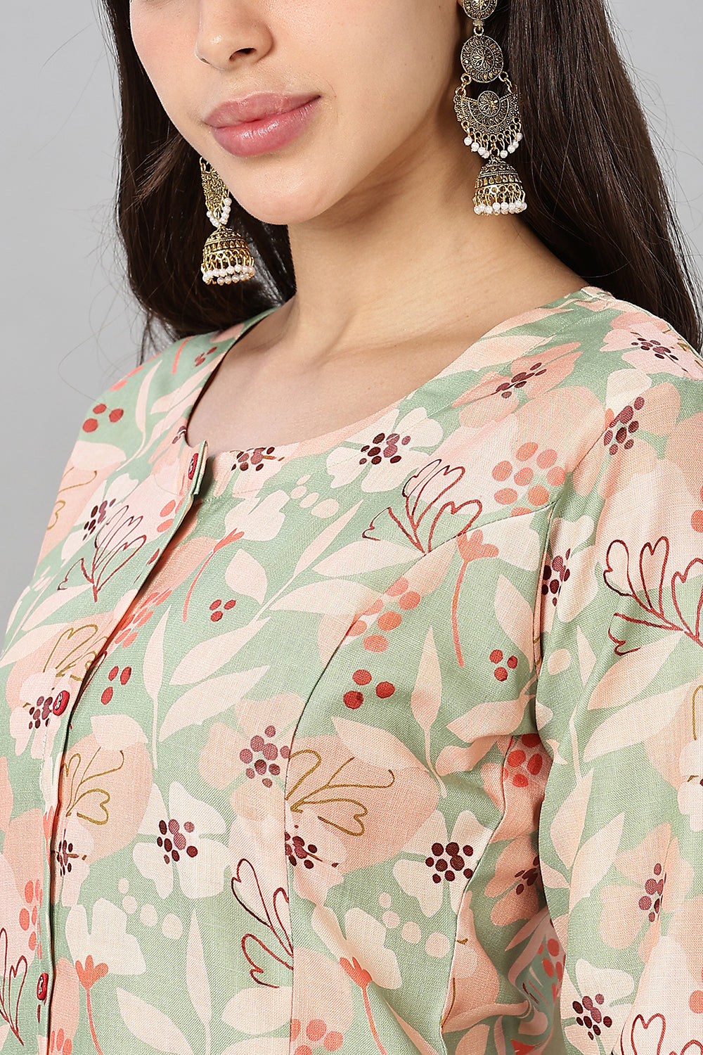 Mythri Women's Printed Cotton Blend Kurta – Round Neck, Contrast Buttons & 3/4 Sleeves
- Green - KA14
