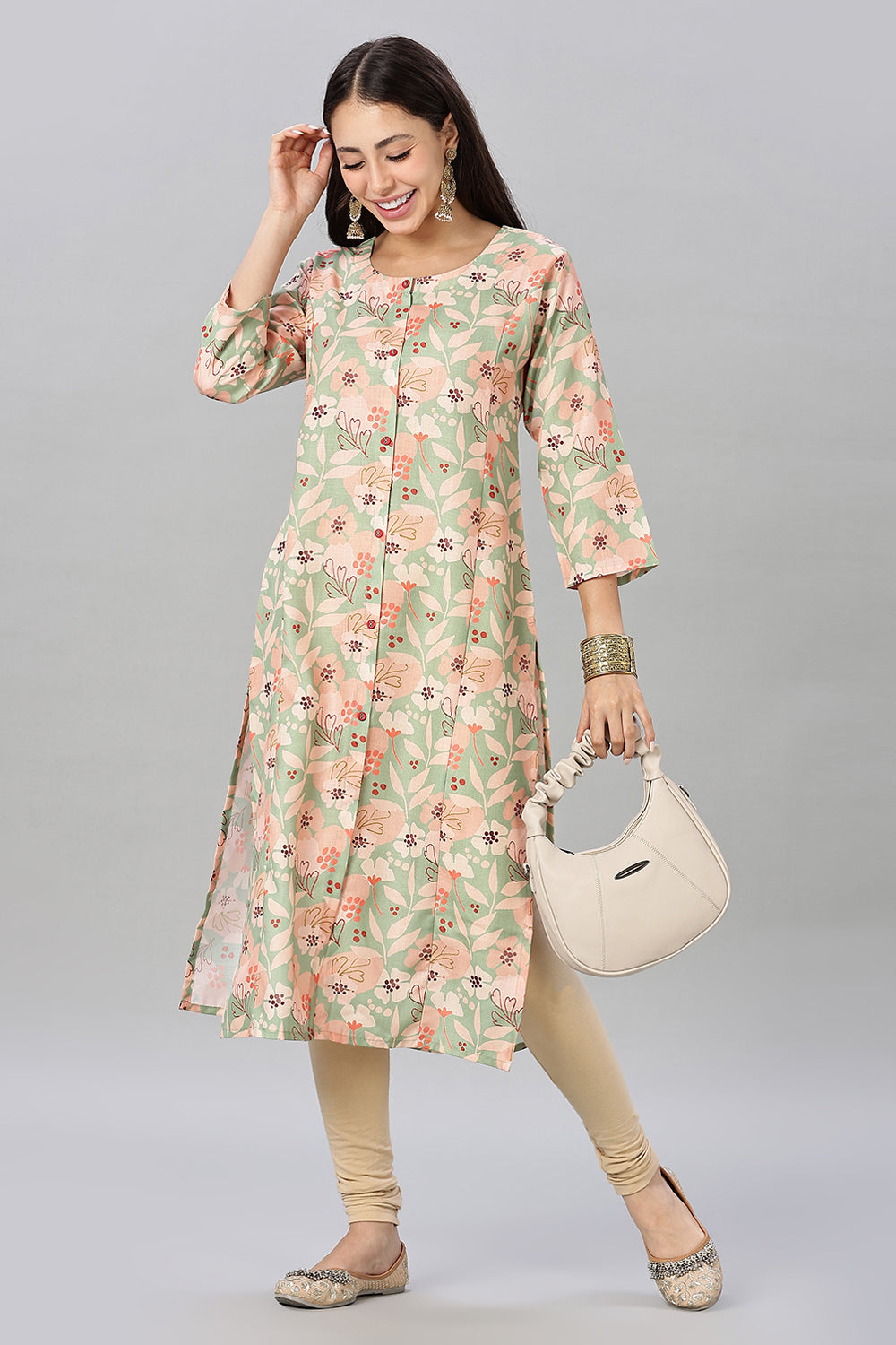 Mythri Women's Printed Cotton Blend Kurta – Round Neck, Contrast Buttons & 3/4 Sleeves
- Green - KA14