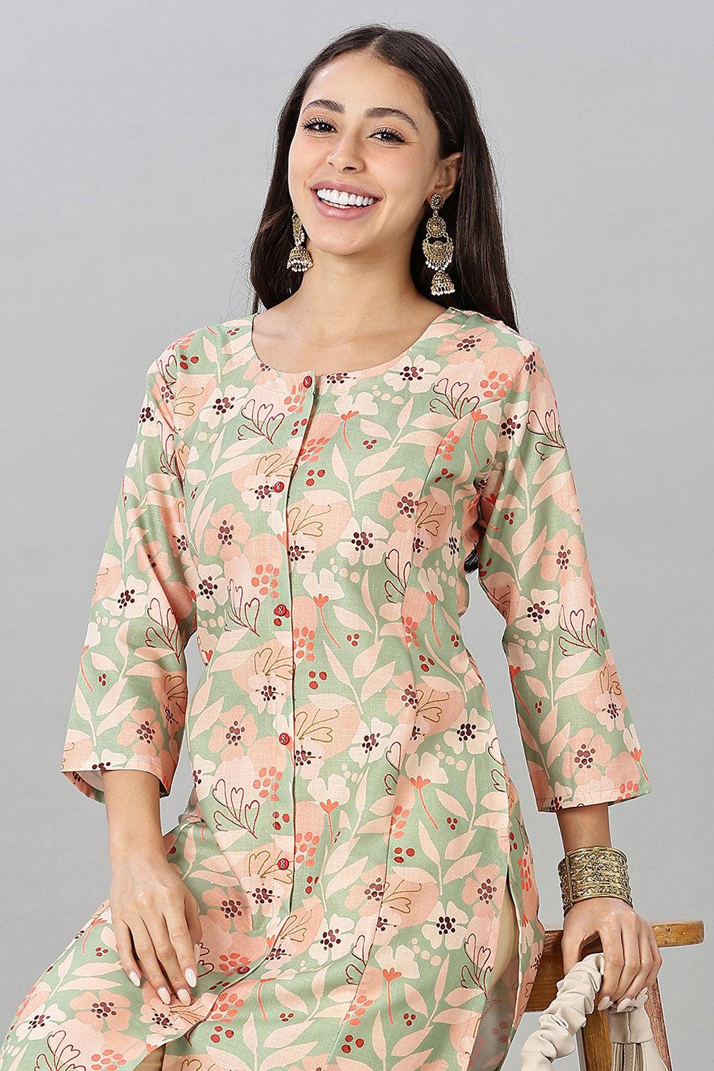 Mythri Women's Printed Cotton Blend Kurta – Round Neck, Contrast Buttons & 3/4 Sleeves
- Green - KA14