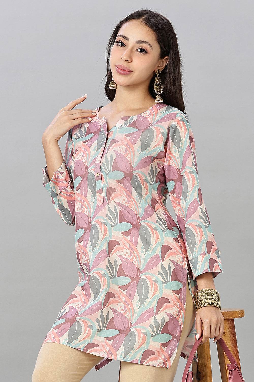 Mythri Women’s Printed Short Kurta – Round Neck, 3/4 Sleeves & Decorative Button Placket - Light Purple - TA01 - Naidu Hall Family Store