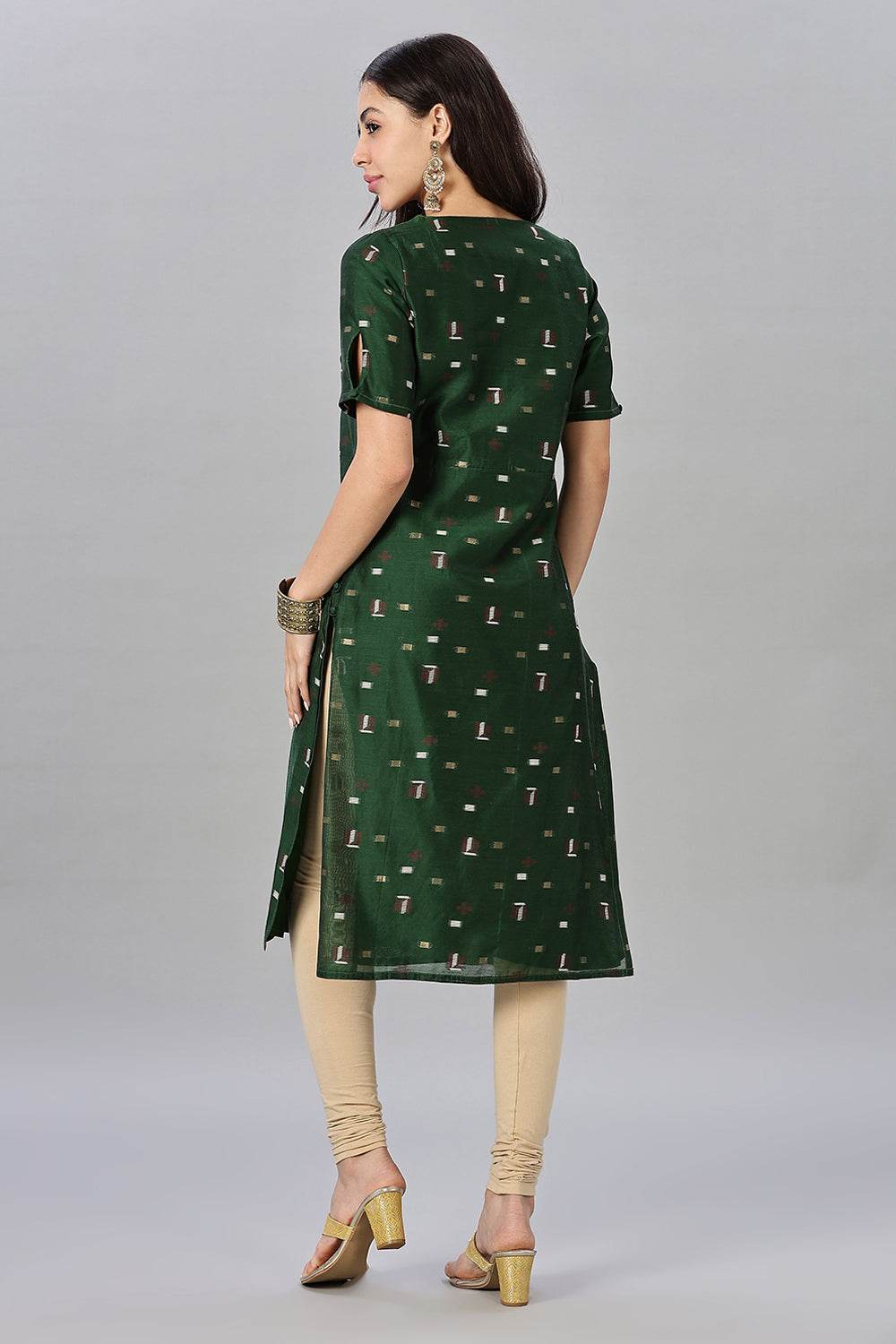 Mythri womens Side Slit Cotton Blend Kurta – Button Closure Ethnic Wear - Green - KU94 - Naidu Hall Family Store