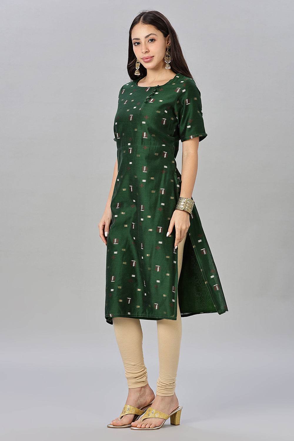 Mythri womens Side Slit Cotton Blend Kurta – Button Closure Ethnic Wear - Green - KU94 - Naidu Hall Family Store