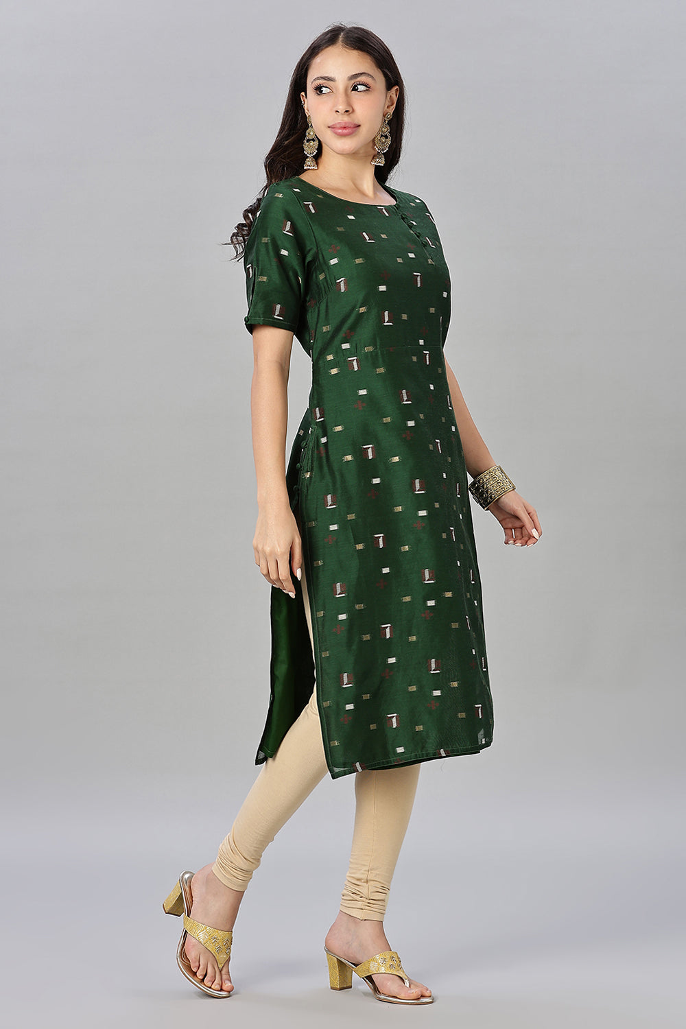 Mythri womens Side Slit Cotton Blend Kurta – Button Closure Ethnic Wear - Green - KU94