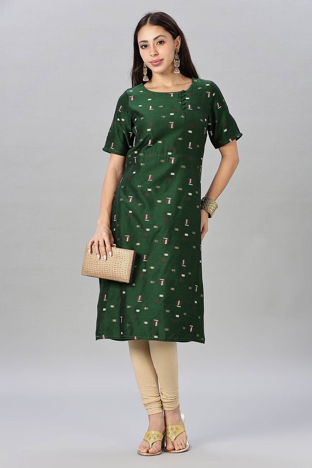 Mythri womens Side Slit Cotton Blend Kurta – Button Closure Ethnic Wear - Green - KU94 - Naidu Hall Family Store