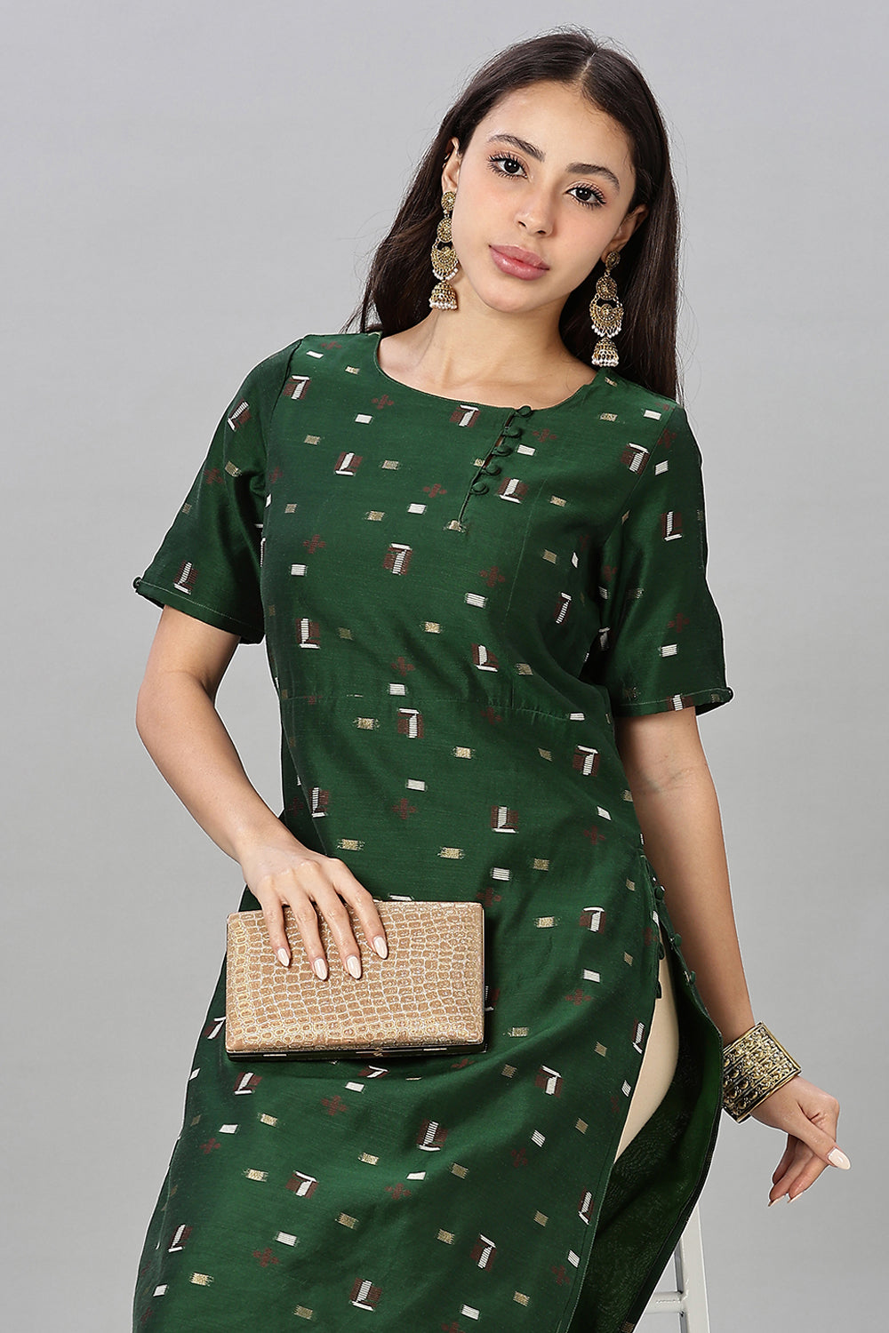 Mythri womens Side Slit Cotton Blend Kurta – Button Closure Ethnic Wear - Green - KU94