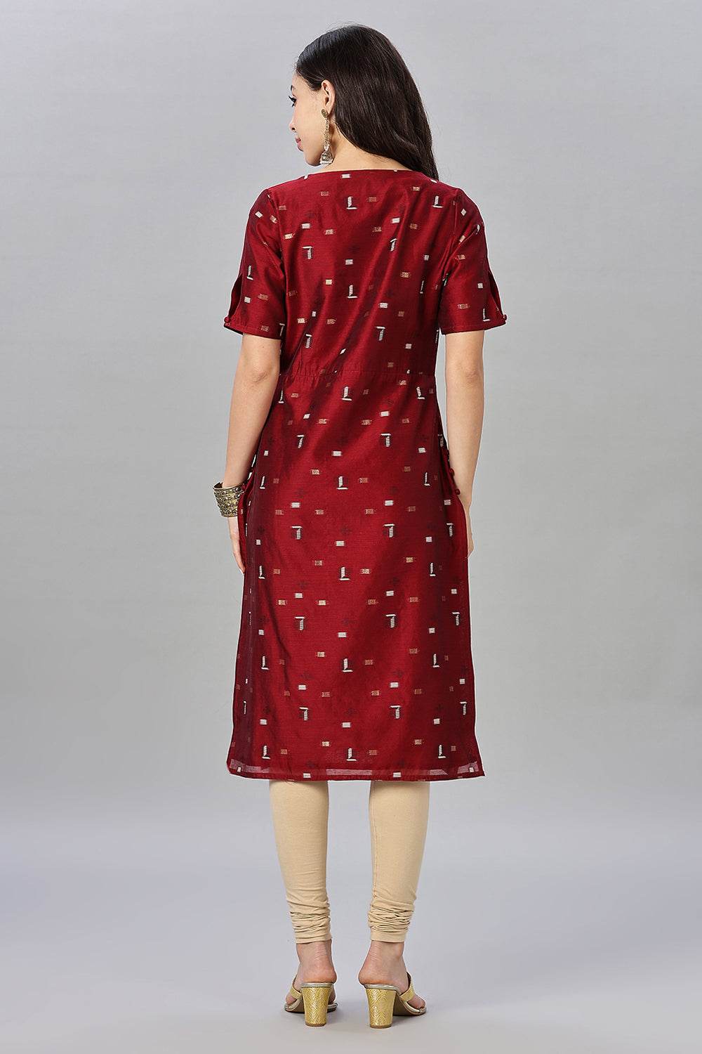 Mythri womens Side Slit Cotton Blend Kurta – Button Closure Ethnic Wear - Red - KU94 - Naidu Hall Family Store