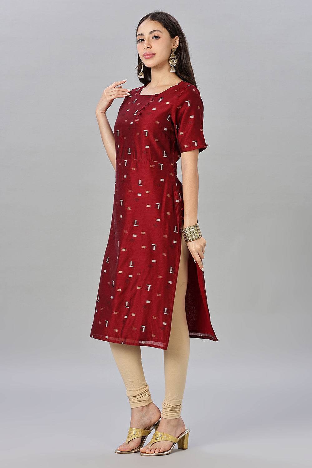 Mythri womens Side Slit Cotton Blend Kurta – Button Closure Ethnic Wear - Red - KU94 - Naidu Hall Family Store