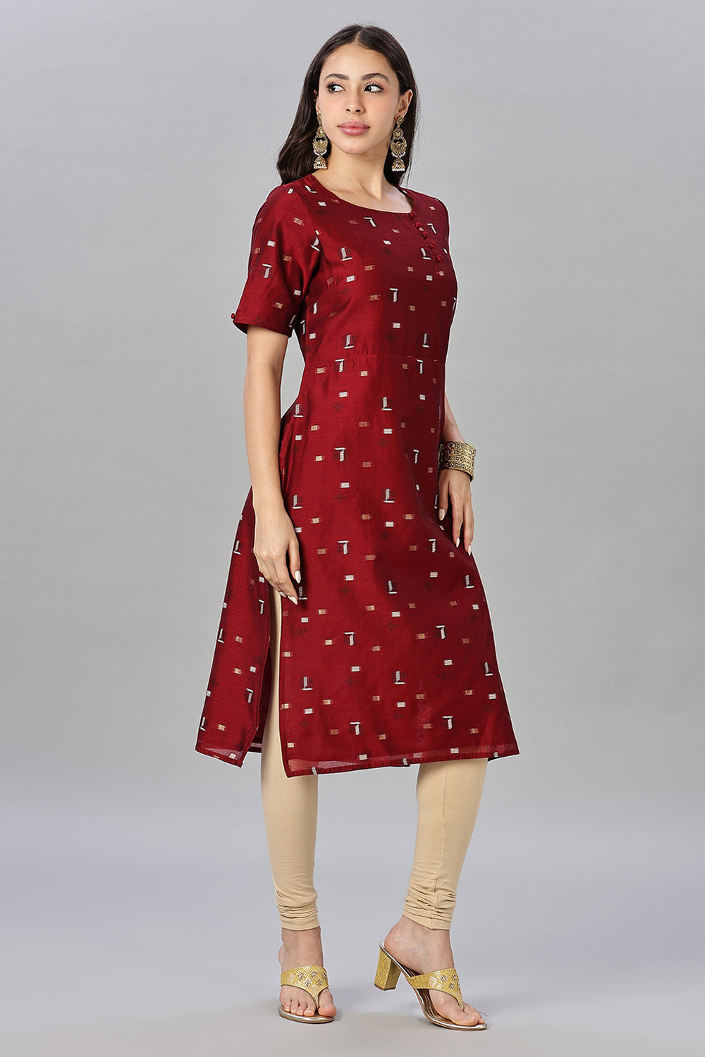 Mythri womens Side Slit Cotton Blend Kurta – Button Closure Ethnic Wear - Red - KU94