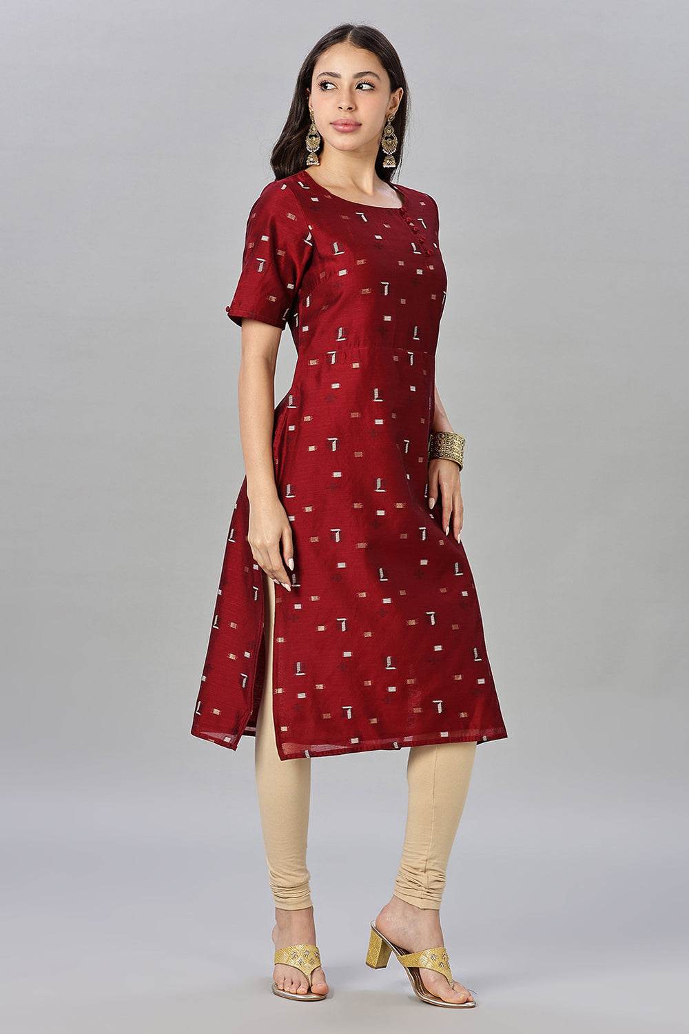 Mythri womens Side Slit Cotton Blend Kurta – Button Closure Ethnic Wear - Red - KU94 - Naidu Hall Family Store