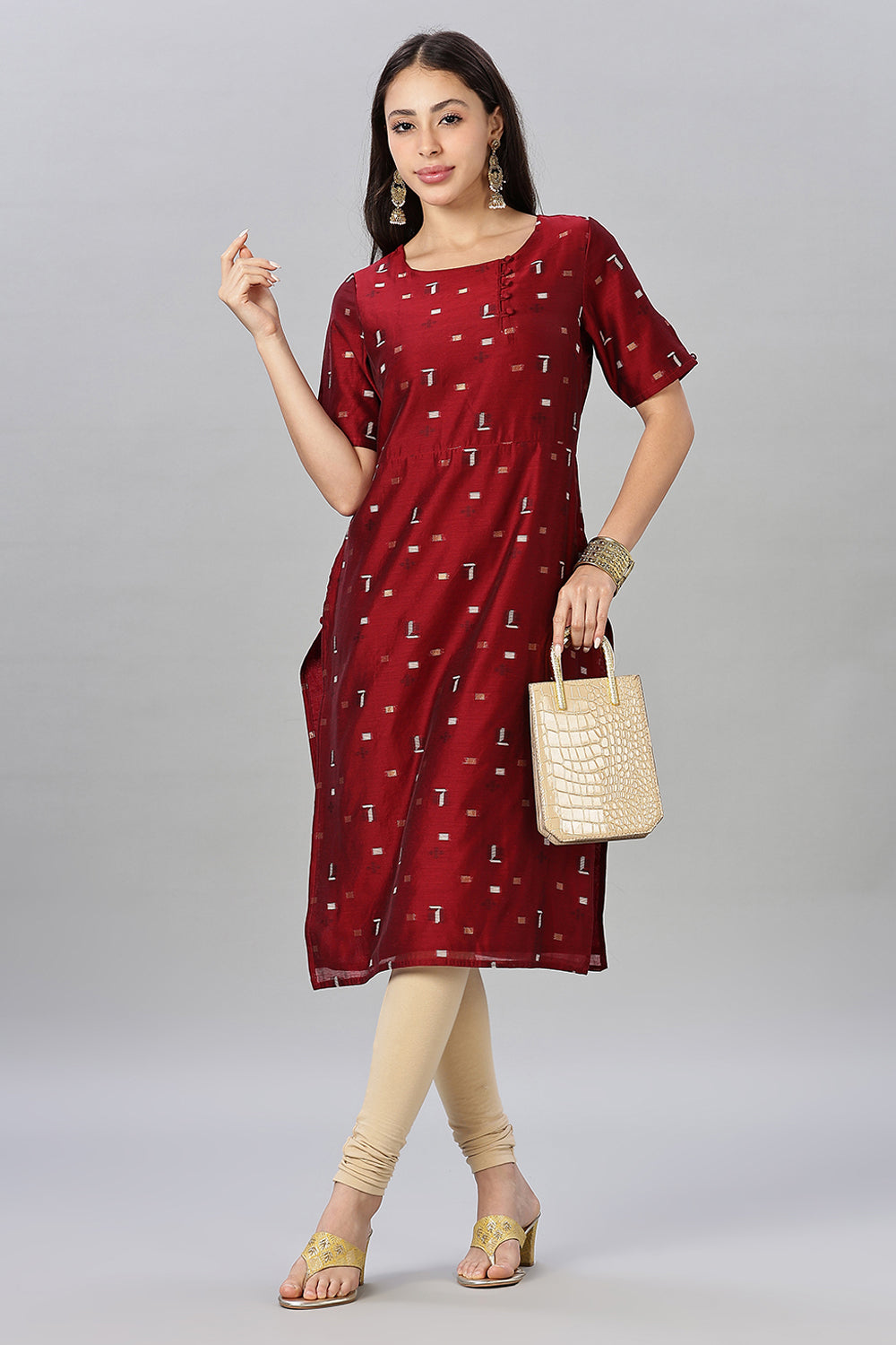Mythri womens Side Slit Cotton Blend Kurta – Button Closure Ethnic Wear - Red - KU94