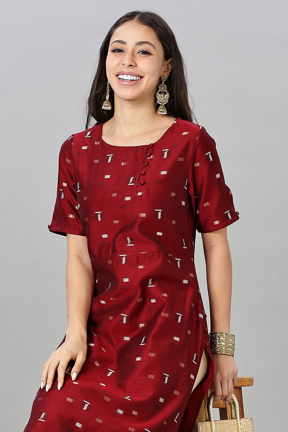 Mythri womens Side Slit Cotton Blend Kurta – Button Closure Ethnic Wear - Red - KU94