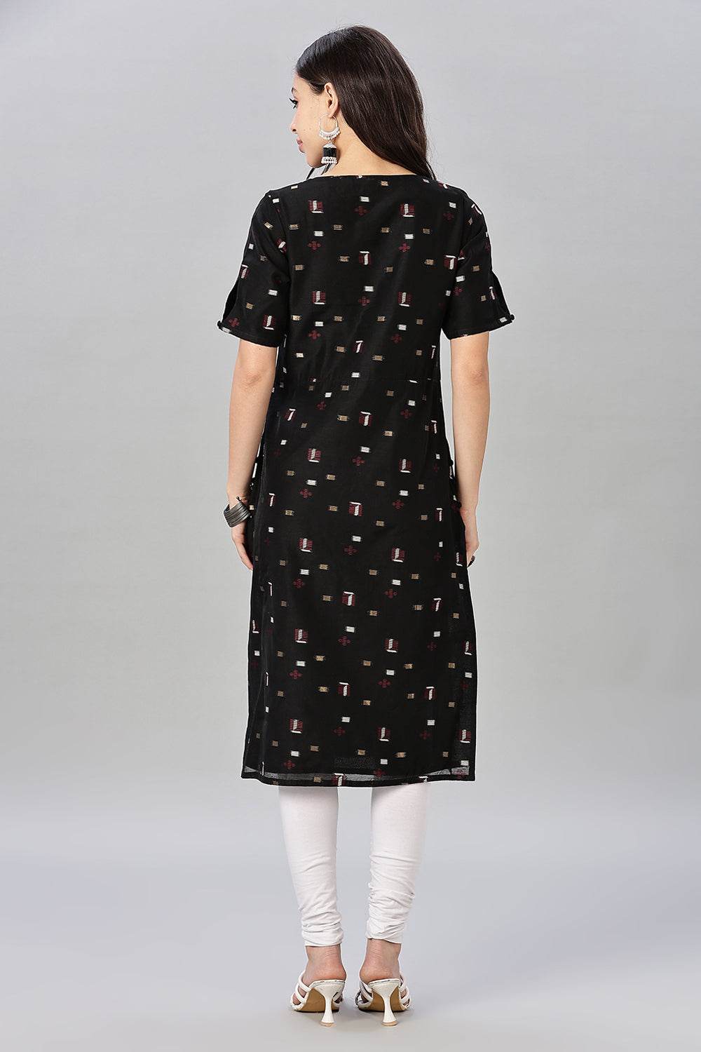 Mythri womens Side Slit Cotton Blend Kurta – Button Closure Ethnic Wear - Black - KU94 - Naidu Hall Family Store