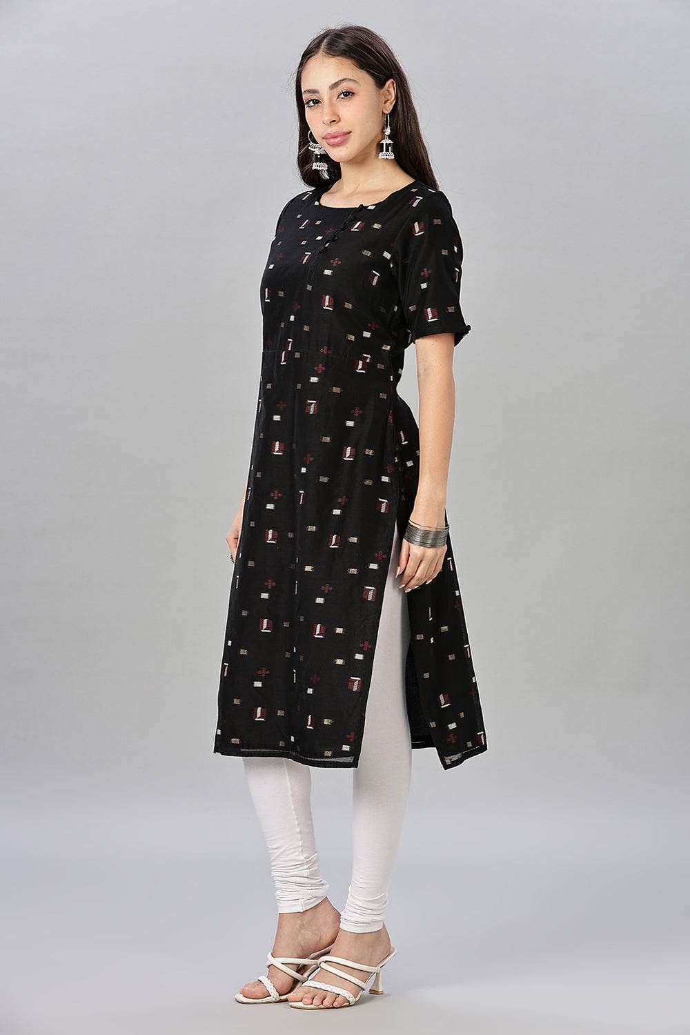 Mythri womens Side Slit Cotton Blend Kurta – Button Closure Ethnic Wear - Black - KU94 - Naidu Hall Family Store