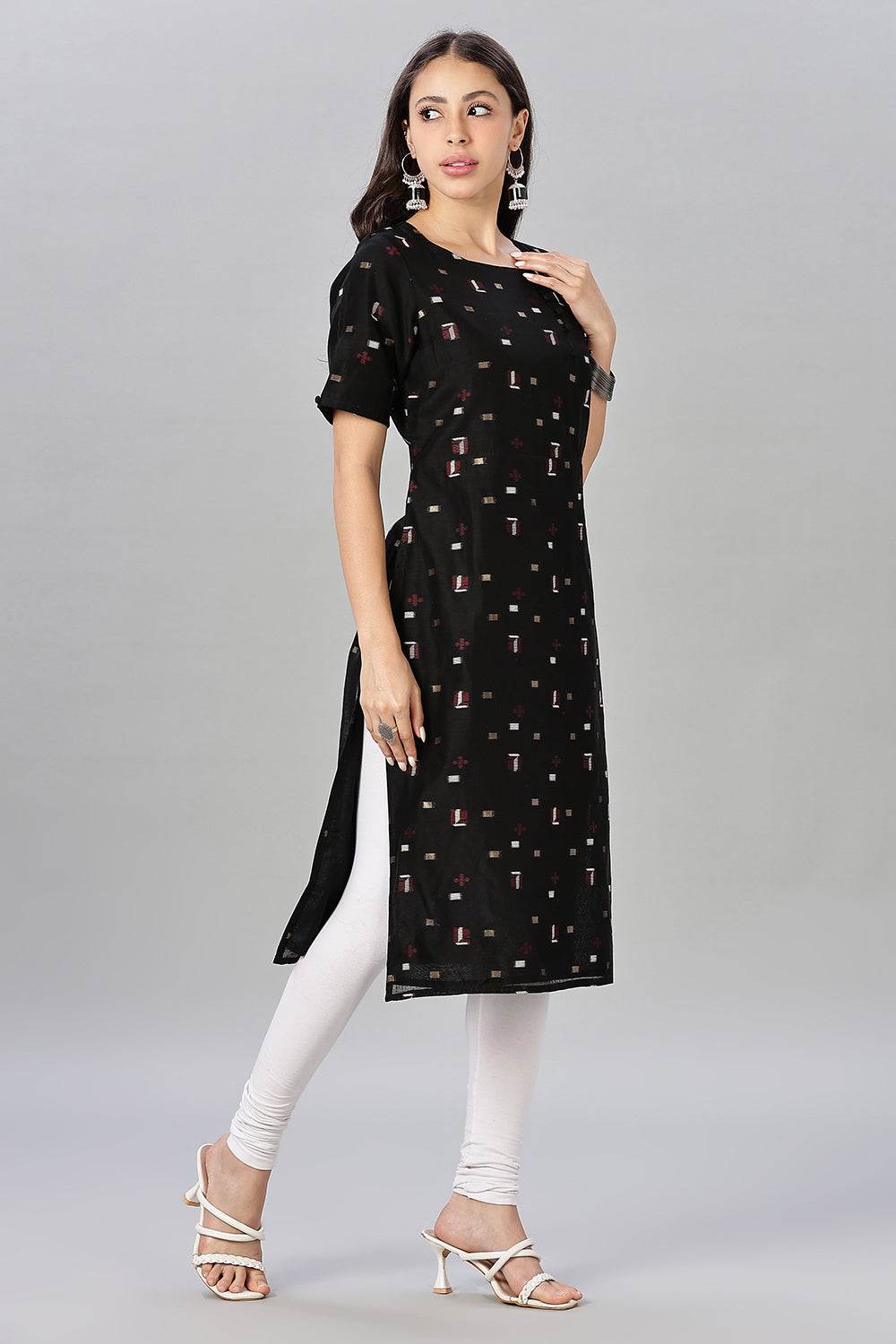 Mythri womens Side Slit Cotton Blend Kurta – Button Closure Ethnic Wear - Black - KU94 - Naidu Hall Family Store