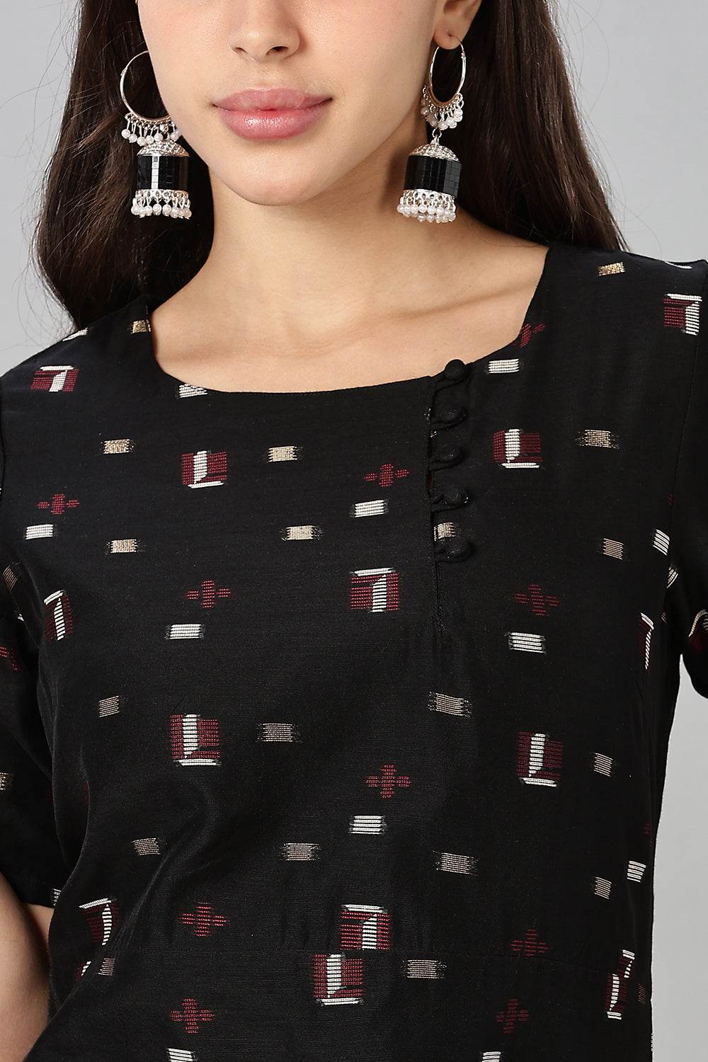 Mythri womens Side Slit Cotton Blend Kurta – Button Closure Ethnic Wear - Black - KU94 - Naidu Hall Family Store