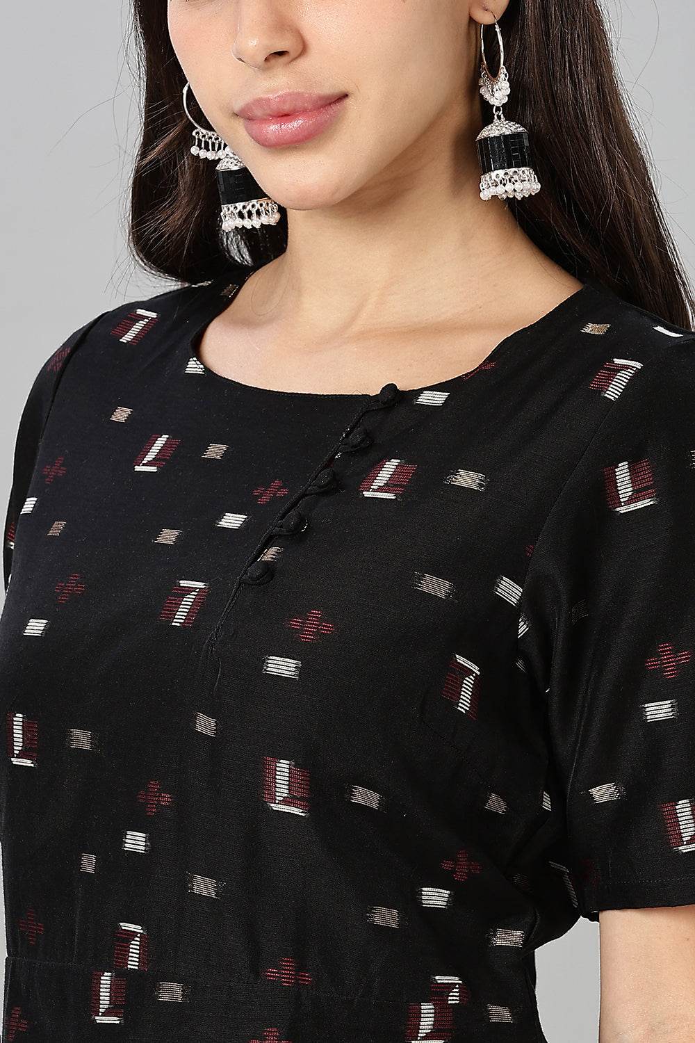 Mythri womens Side Slit Cotton Blend Kurta – Button Closure Ethnic Wear - Black - KU94 - Naidu Hall Family Store