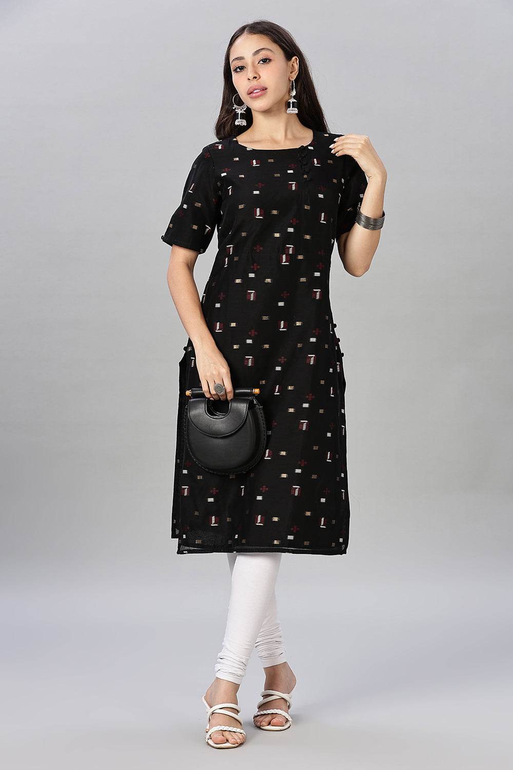 Mythri womens Side Slit Cotton Blend Kurta – Button Closure Ethnic Wear - Black - KU94 - Naidu Hall Family Store