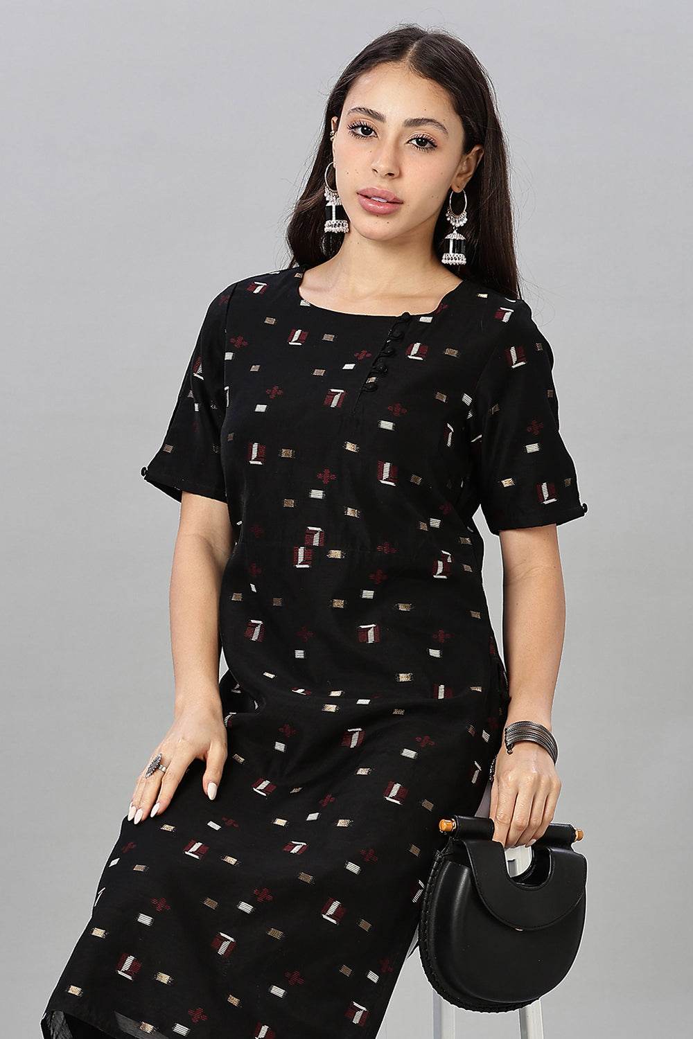 Mythri womens Side Slit Cotton Blend Kurta – Button Closure Ethnic Wear - Black - KU94 - Naidu Hall Family Store