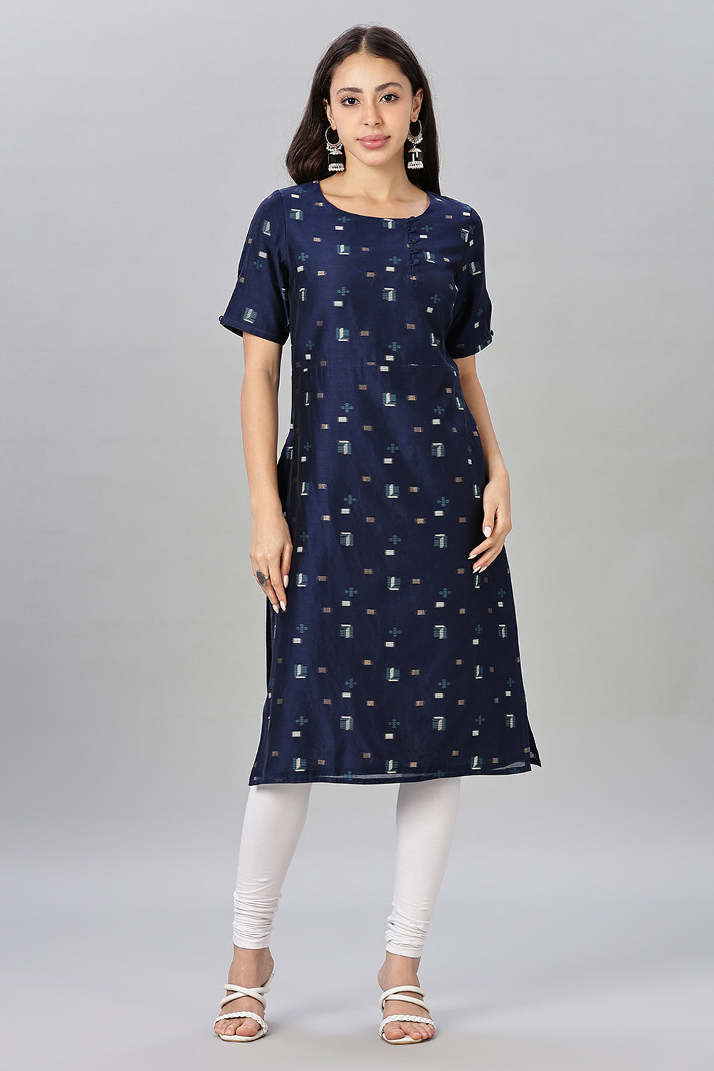Mythri womens Side Slit Cotton Blend Kurta – Button Closure Ethnic Wear - Blue - KU94