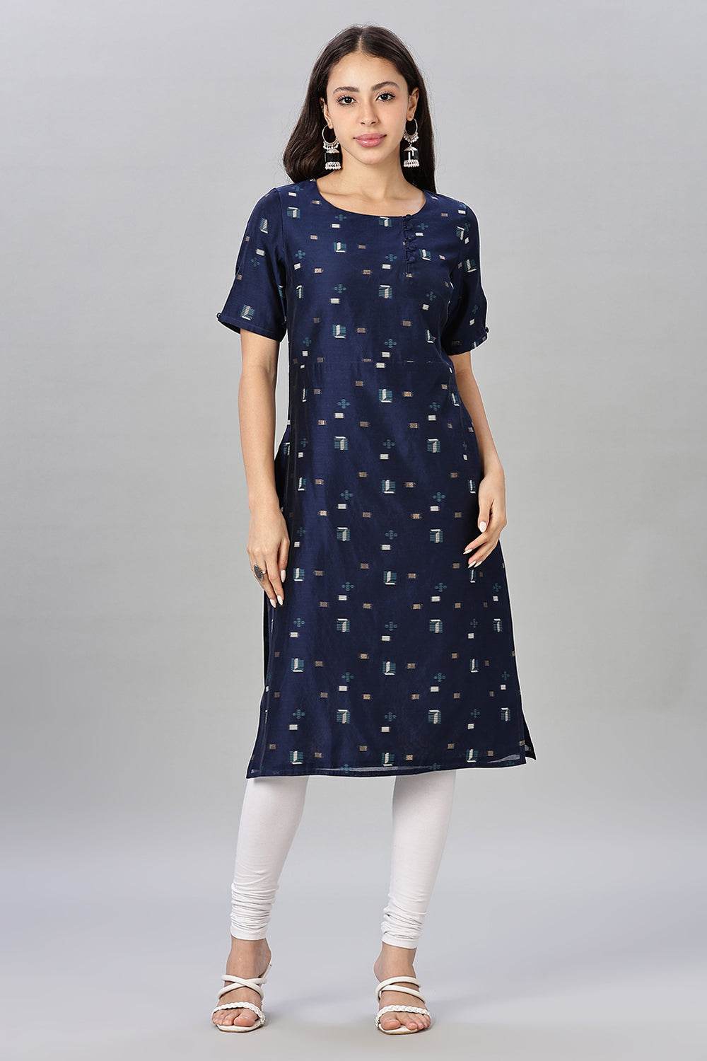 Mythri womens Side Slit Cotton Blend Kurta – Button Closure Ethnic Wear - Blue - KU94 - Naidu Hall Family Store