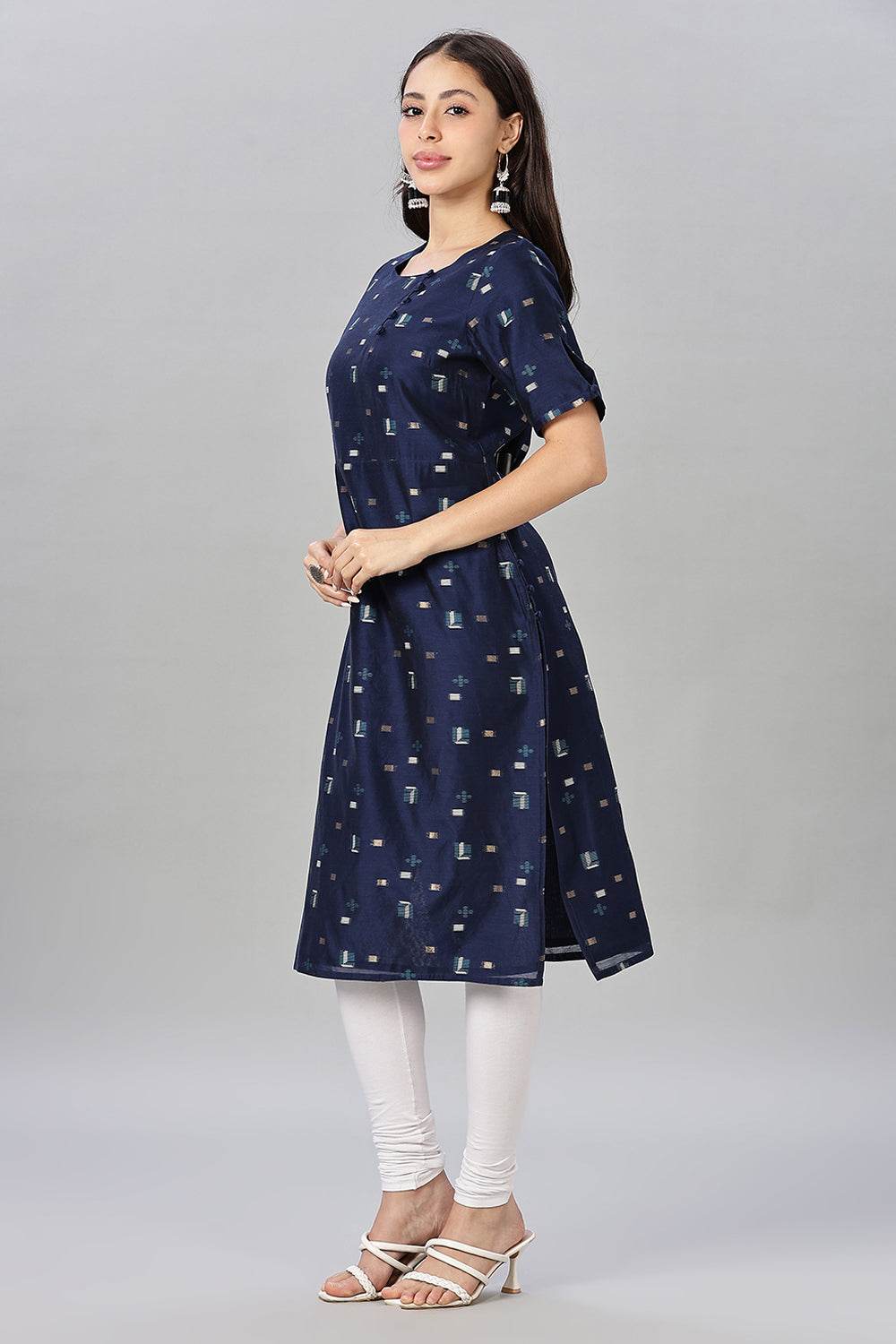 Mythri womens Side Slit Cotton Blend Kurta – Button Closure Ethnic Wear - Blue - KU94 - Naidu Hall Family Store