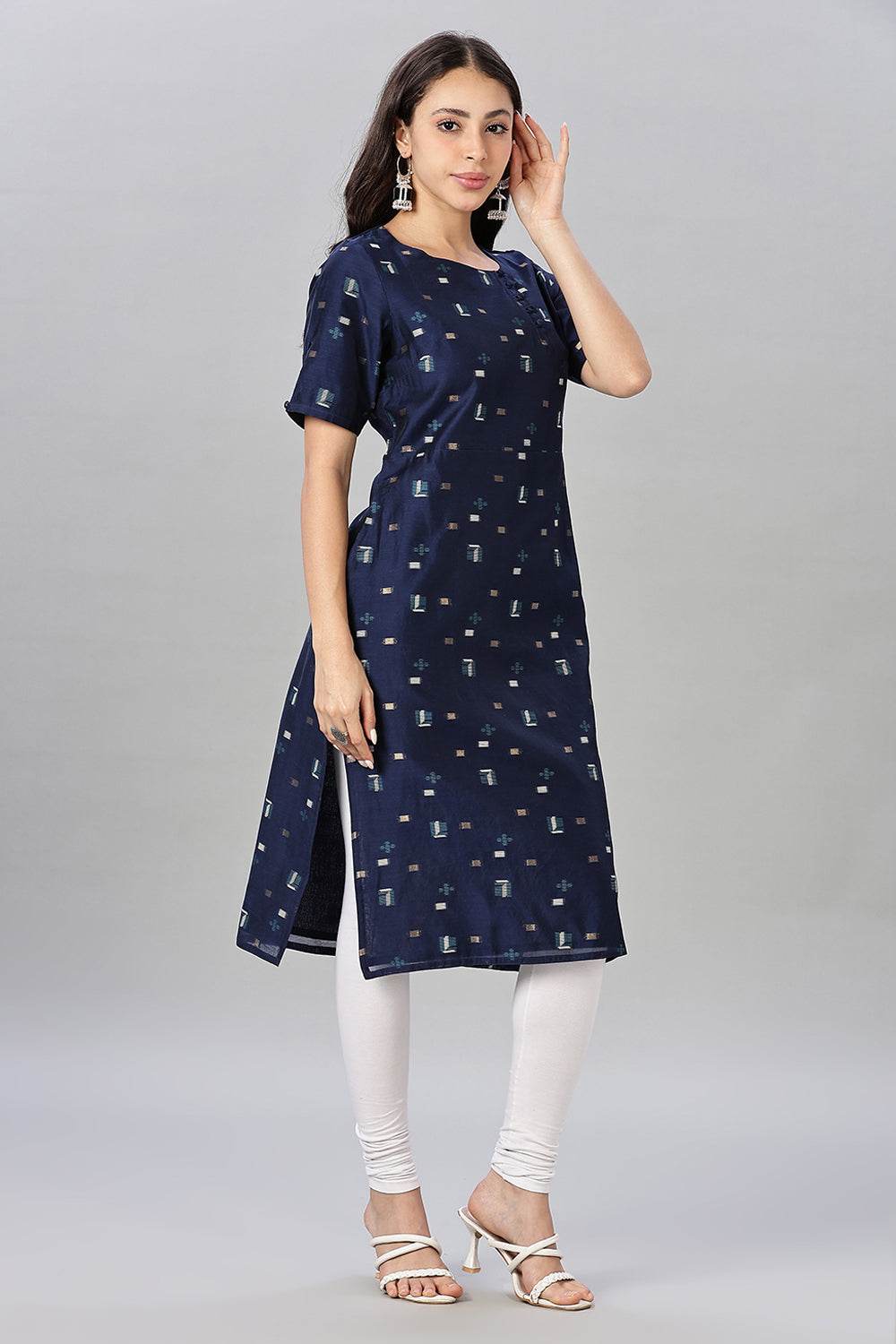 Mythri womens Side Slit Cotton Blend Kurta – Button Closure Ethnic Wear - Blue - KU94 - Naidu Hall Family Store
