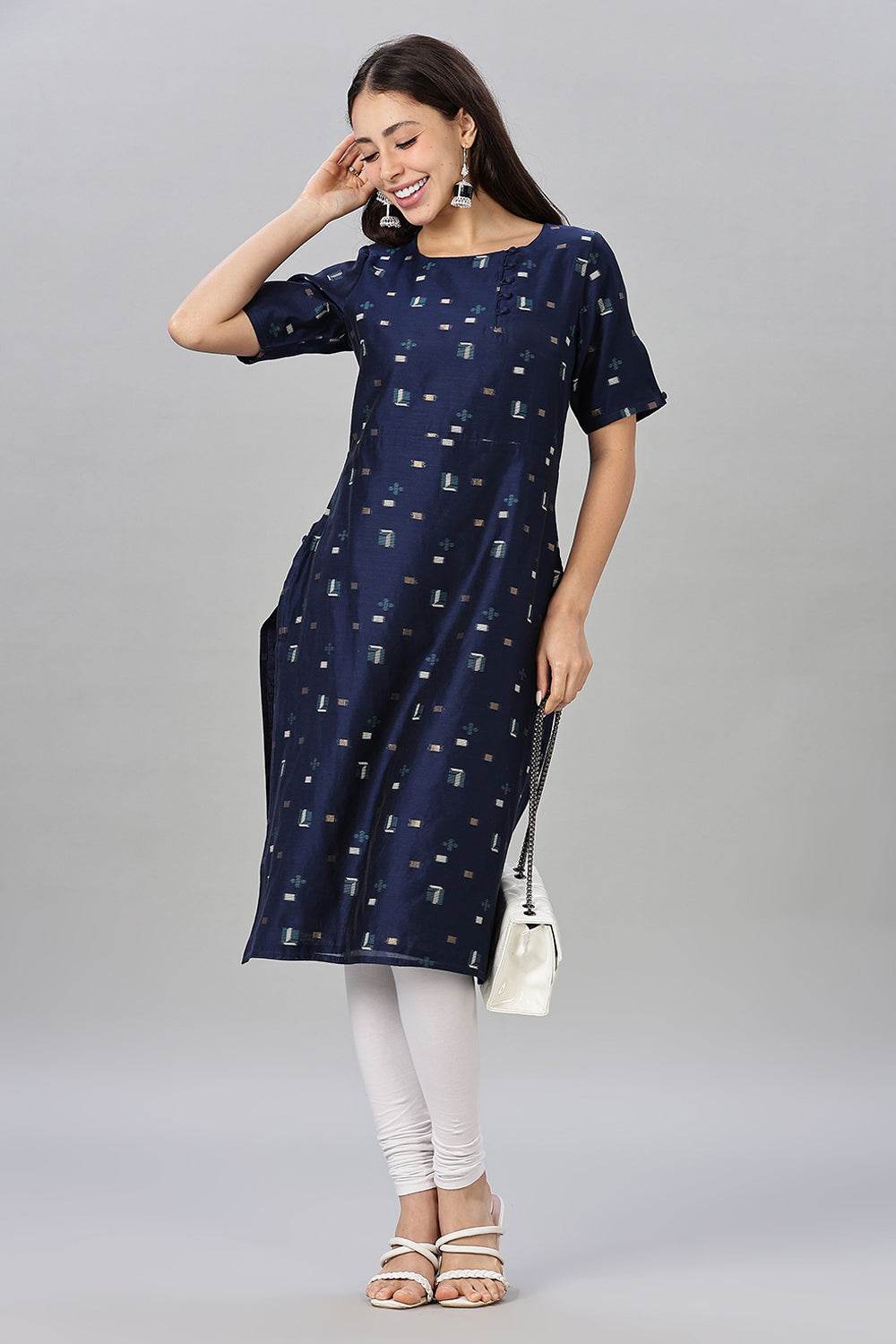 Mythri womens Side Slit Cotton Blend Kurta – Button Closure Ethnic Wear - Blue - KU94 - Naidu Hall Family Store