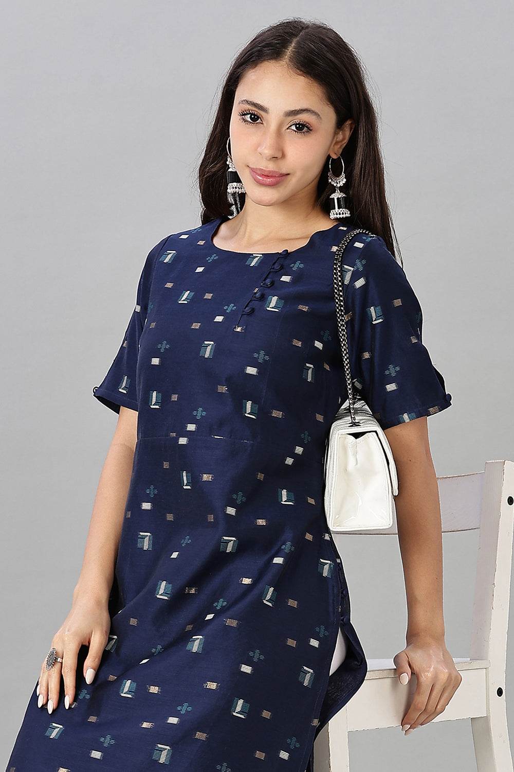 Mythri womens Side Slit Cotton Blend Kurta – Button Closure Ethnic Wear - Blue - KU94 - Naidu Hall Family Store