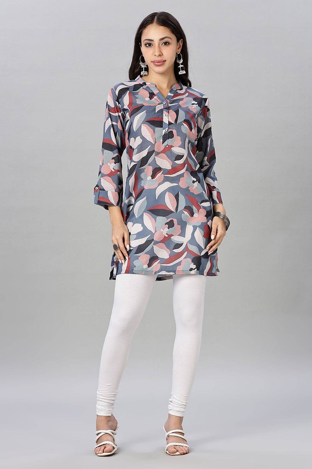 Mythri Women’s Bold Floral Short Kurta – Henley V-Neck, Roll-Up Sleeves & Straight Hem - Blue - TA04 - Naidu Hall Family Store
